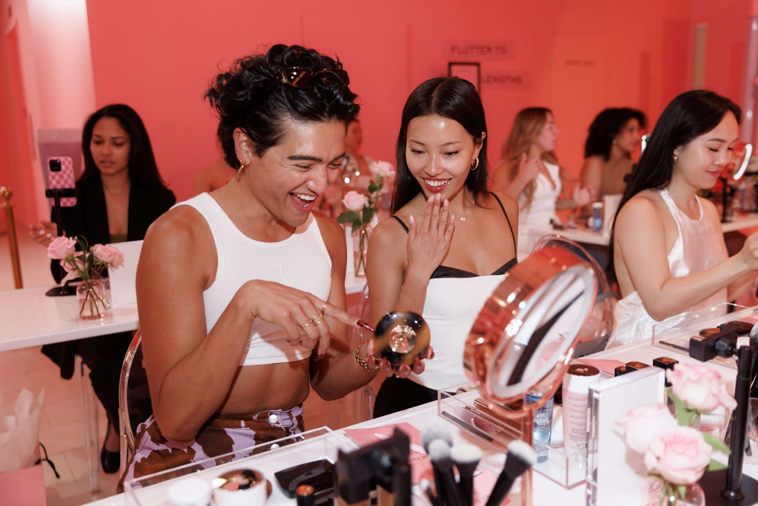 Guest group enjoying beauty event dinner – candid NYC event