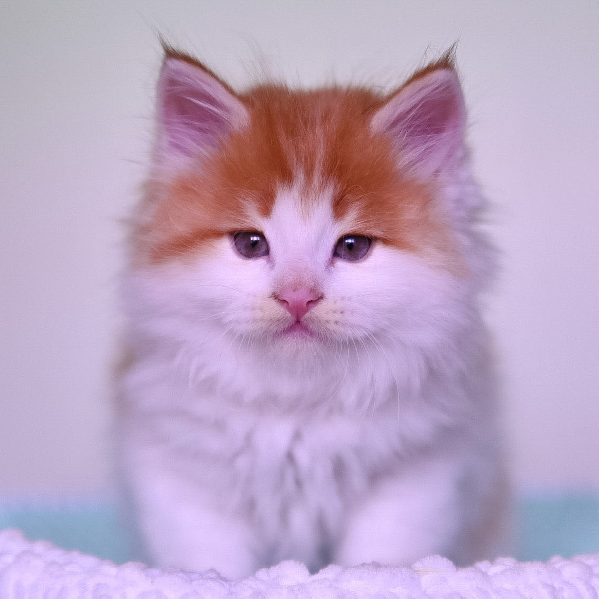 Red and white Siberian kitten looking at the camera