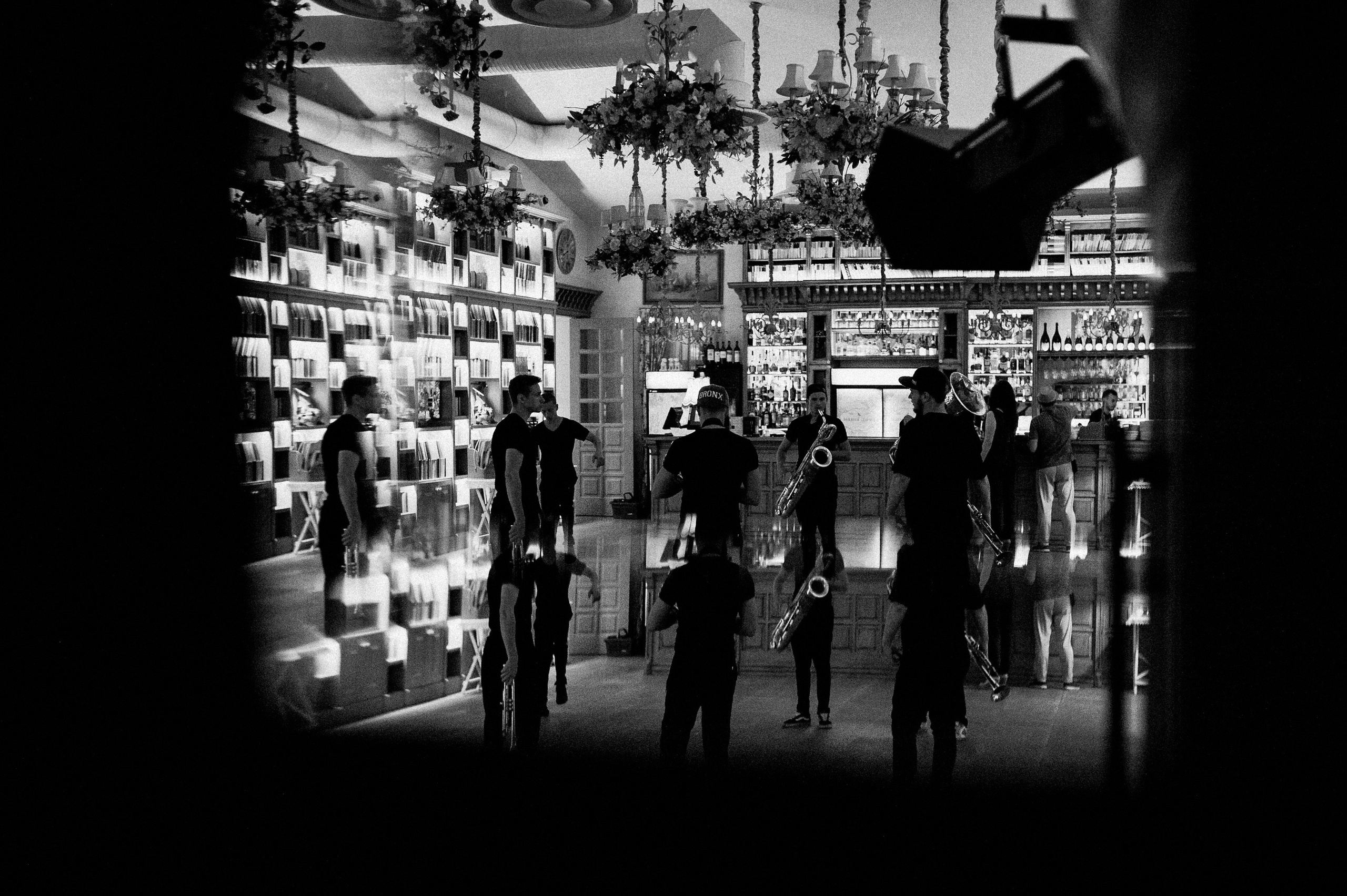 a group of people standing in a room