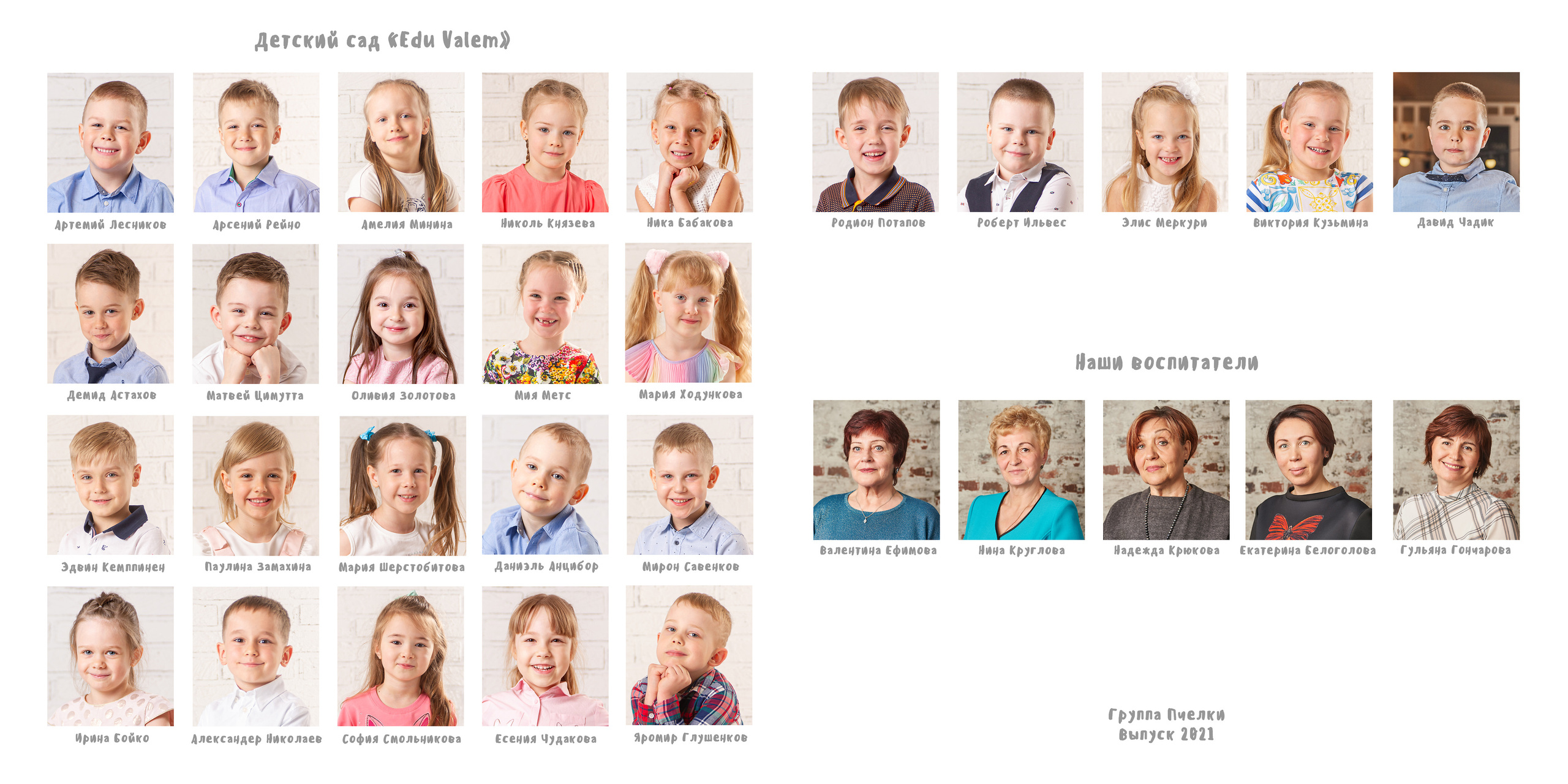 Разворот с именами и портретами детей, оформленный в студийном стиле