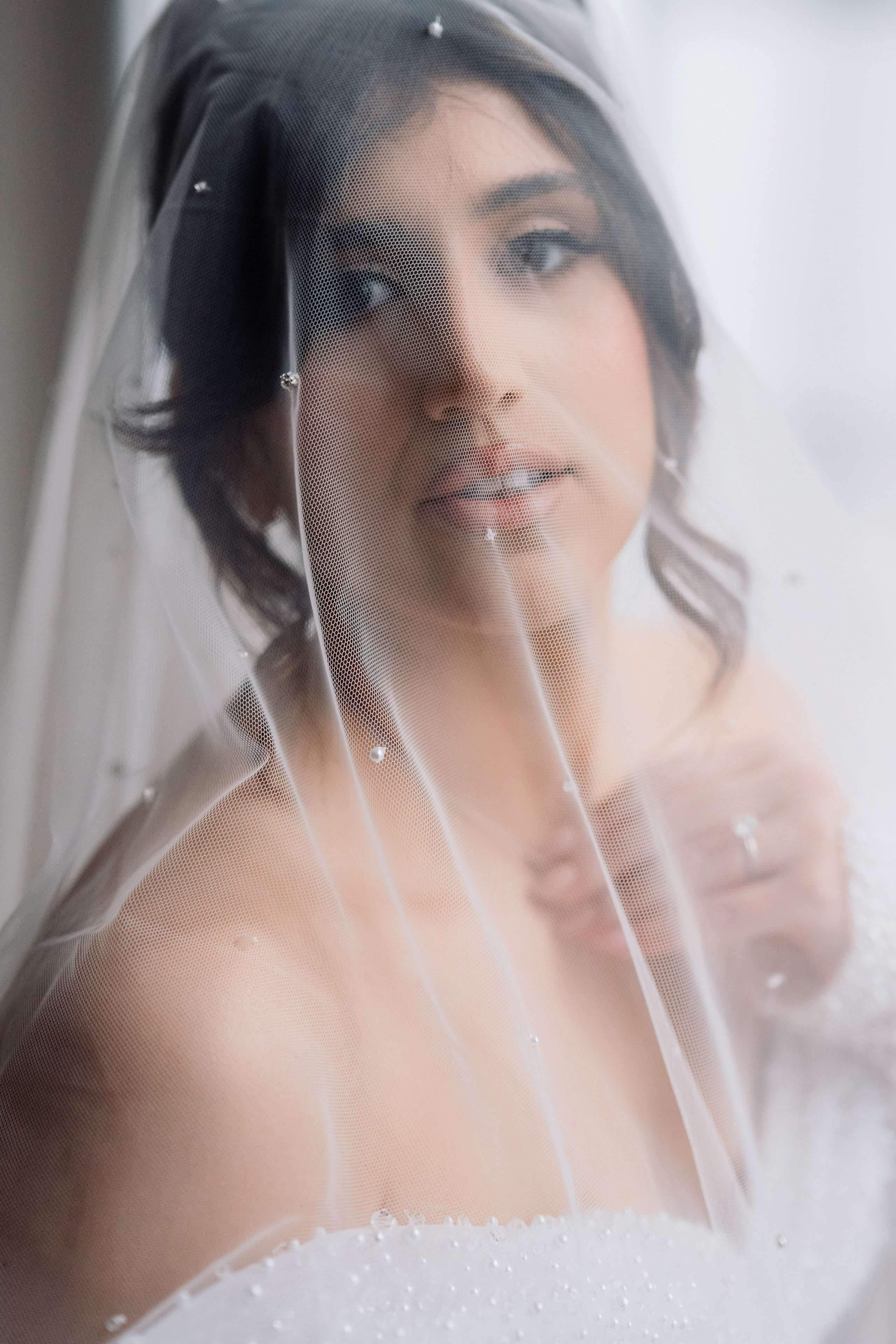 a woman in a wedding dress and veil