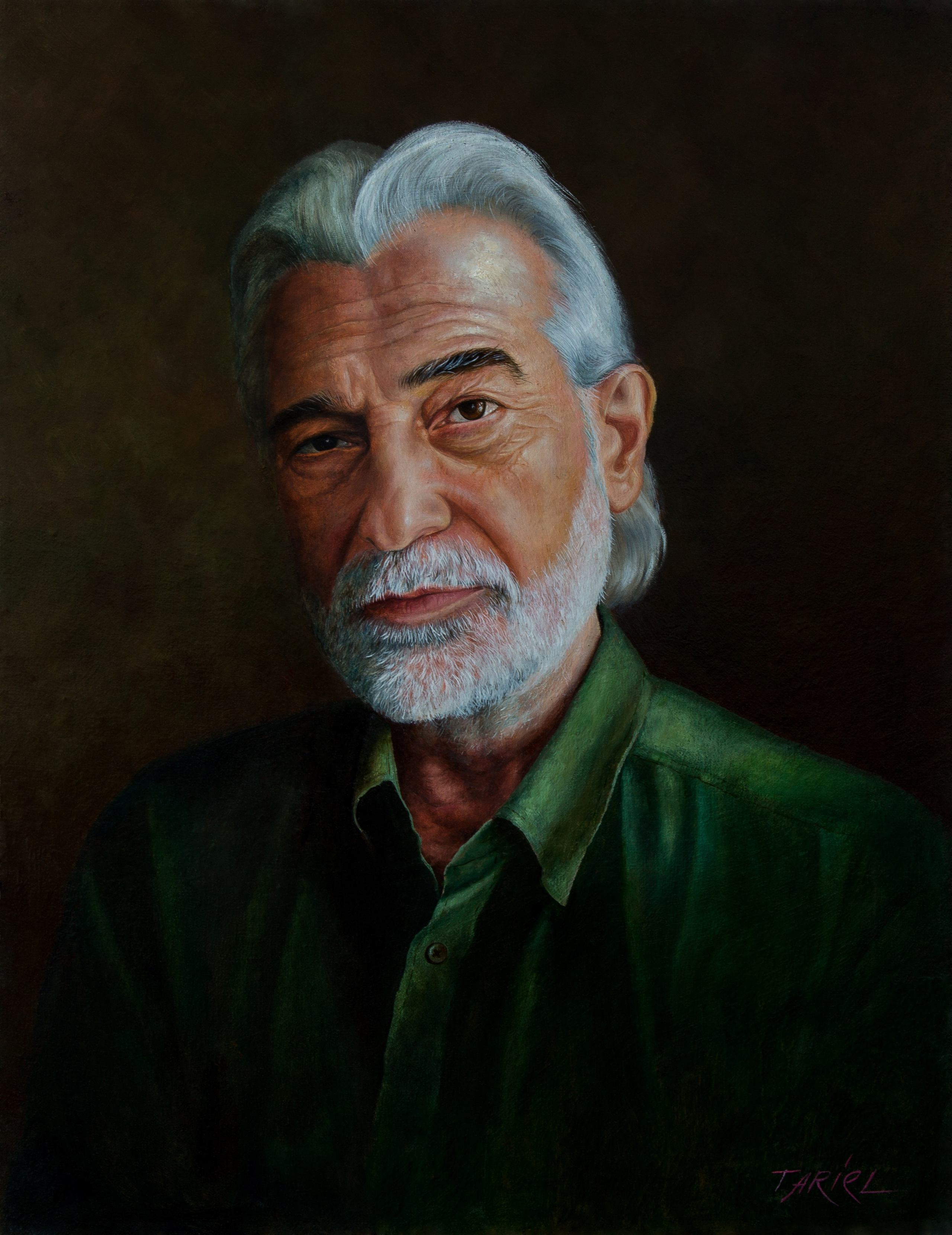 ariel Əhmədovun yağlı boya ilə çəkilmiş portret əsəri, ağ saçı və səliqəli ağ saqqalı olan yaşlı bir kişini təsvir edir. O, tünd yaşıl düyməli köynək geyinib və düşüncəli bir ifadə ilə birbaşa tamaşaçıya baxır. Arxa fon yumşaq, tünd qəhvəyi rəngdədir və üzündəki işığı vurğulayır.