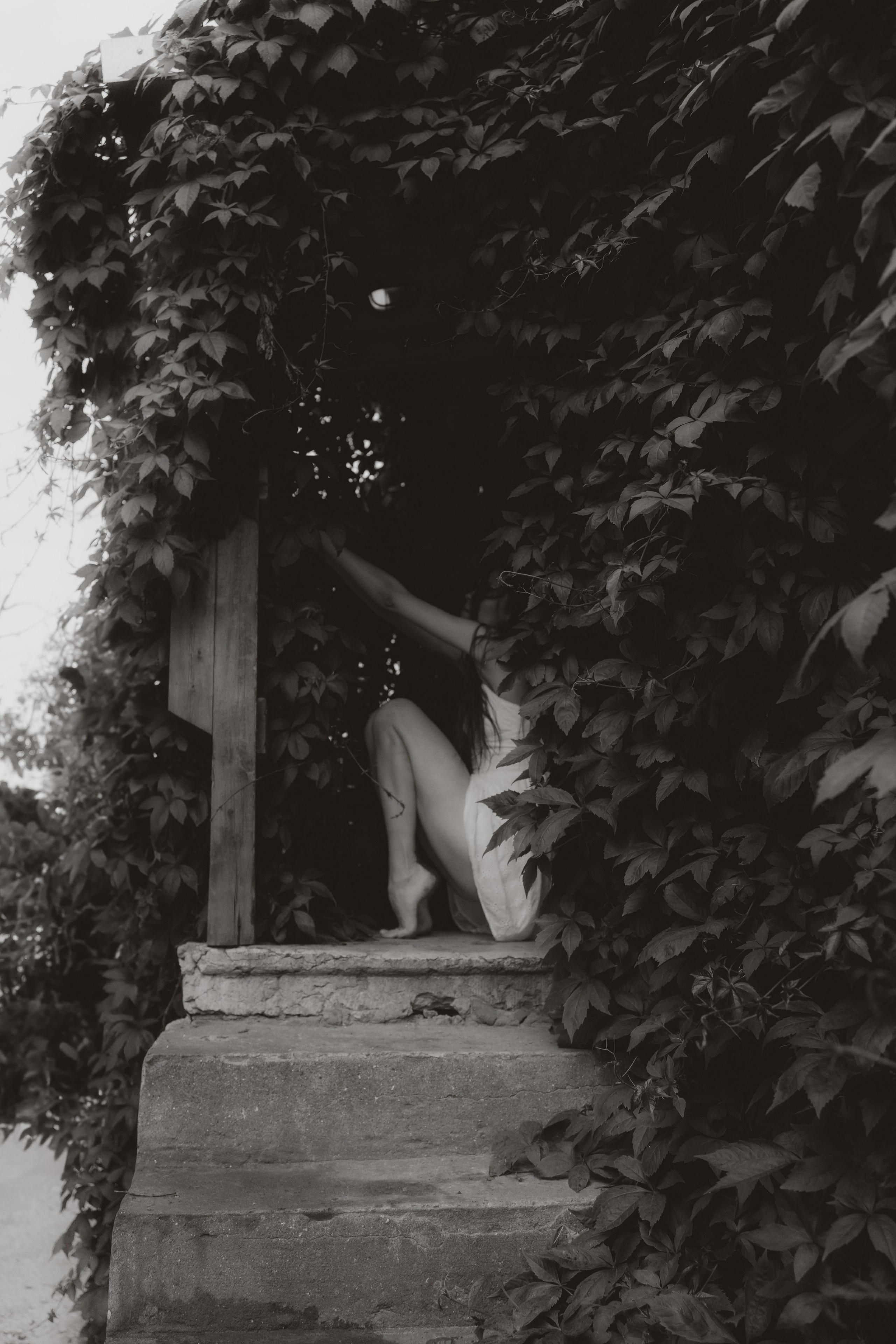 Fine art portrait of a woman standing on stone steps surrounded by ivy, Tallinn