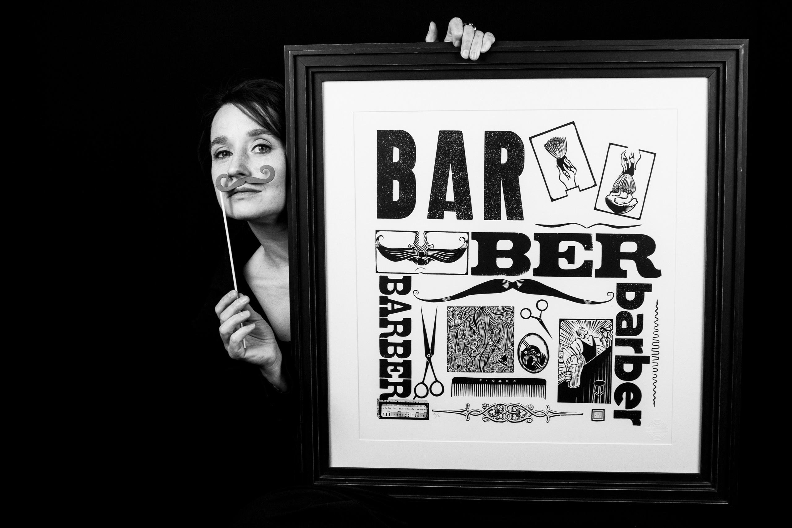 Barber print linocut printmaker antique printmaker barber print sous-sol editions limitededition artprint barberprint barber Rossini Figaro art print Nadia Kuprina Cristina Pedratscher portrait