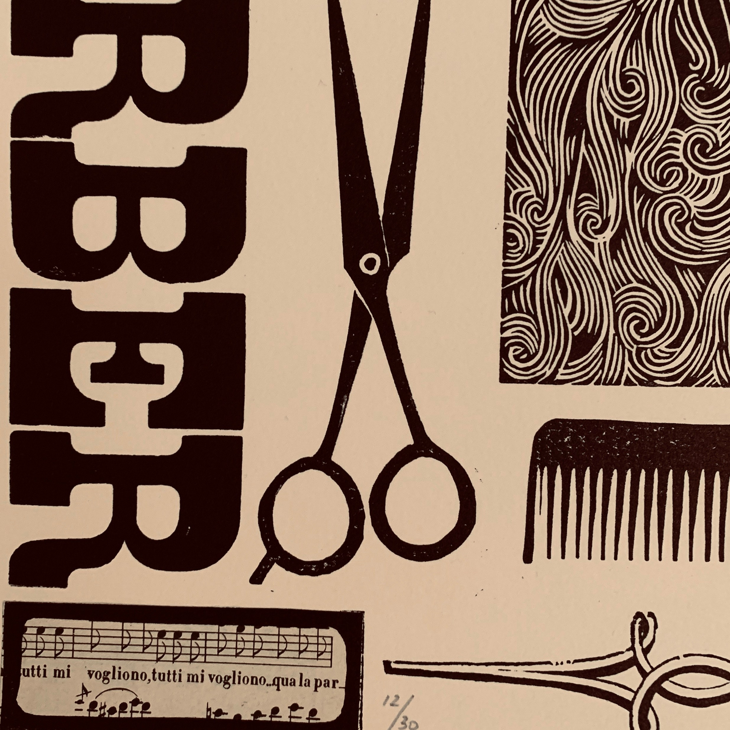 Barber print linocut printmaker antique printmaker barber print sous-sol editions limitededition artprint barberprint barber Rossini Figaro art print barber detail