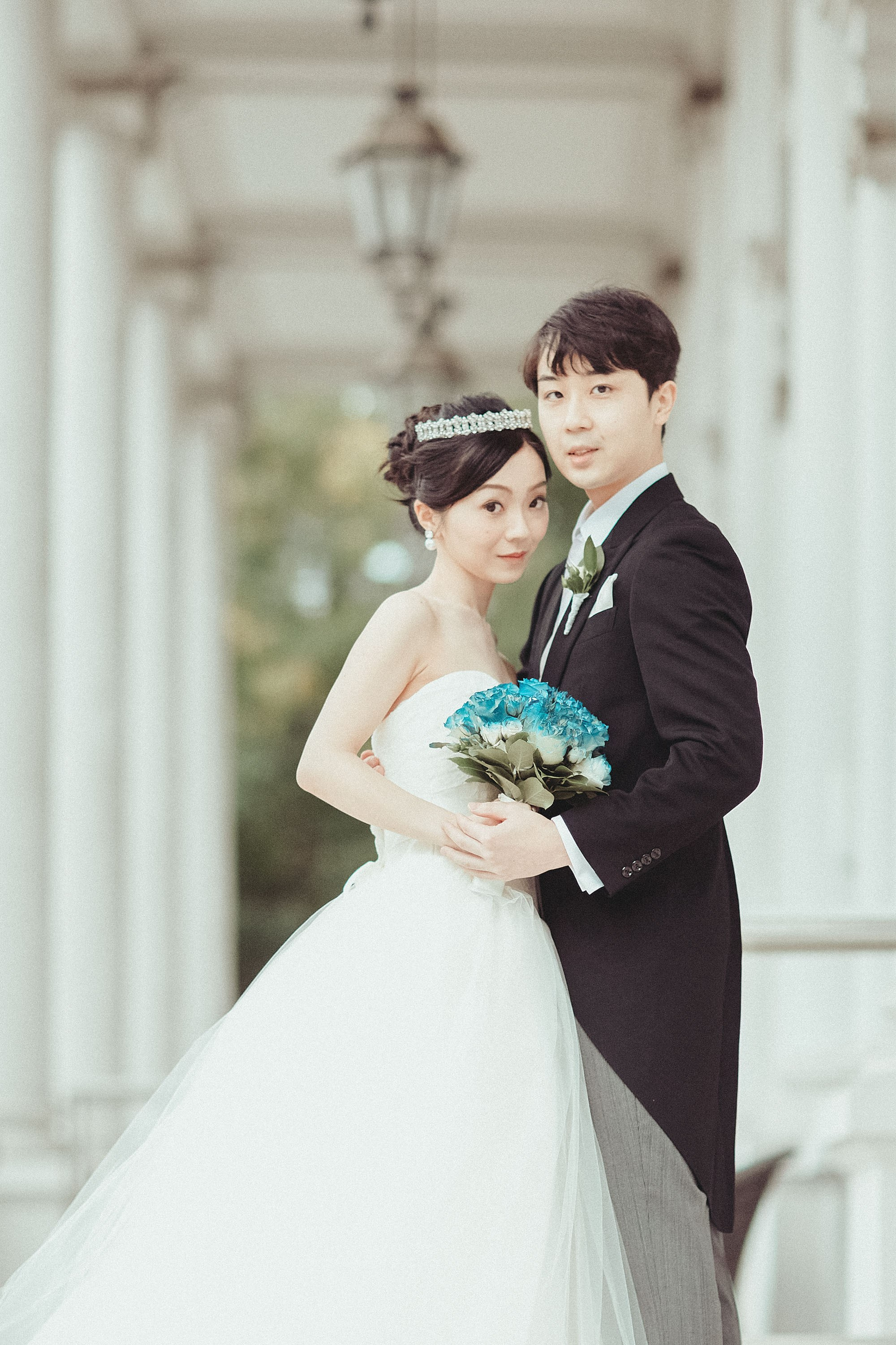 Bride and groom portrait on the terrace of the Palais Coburg.