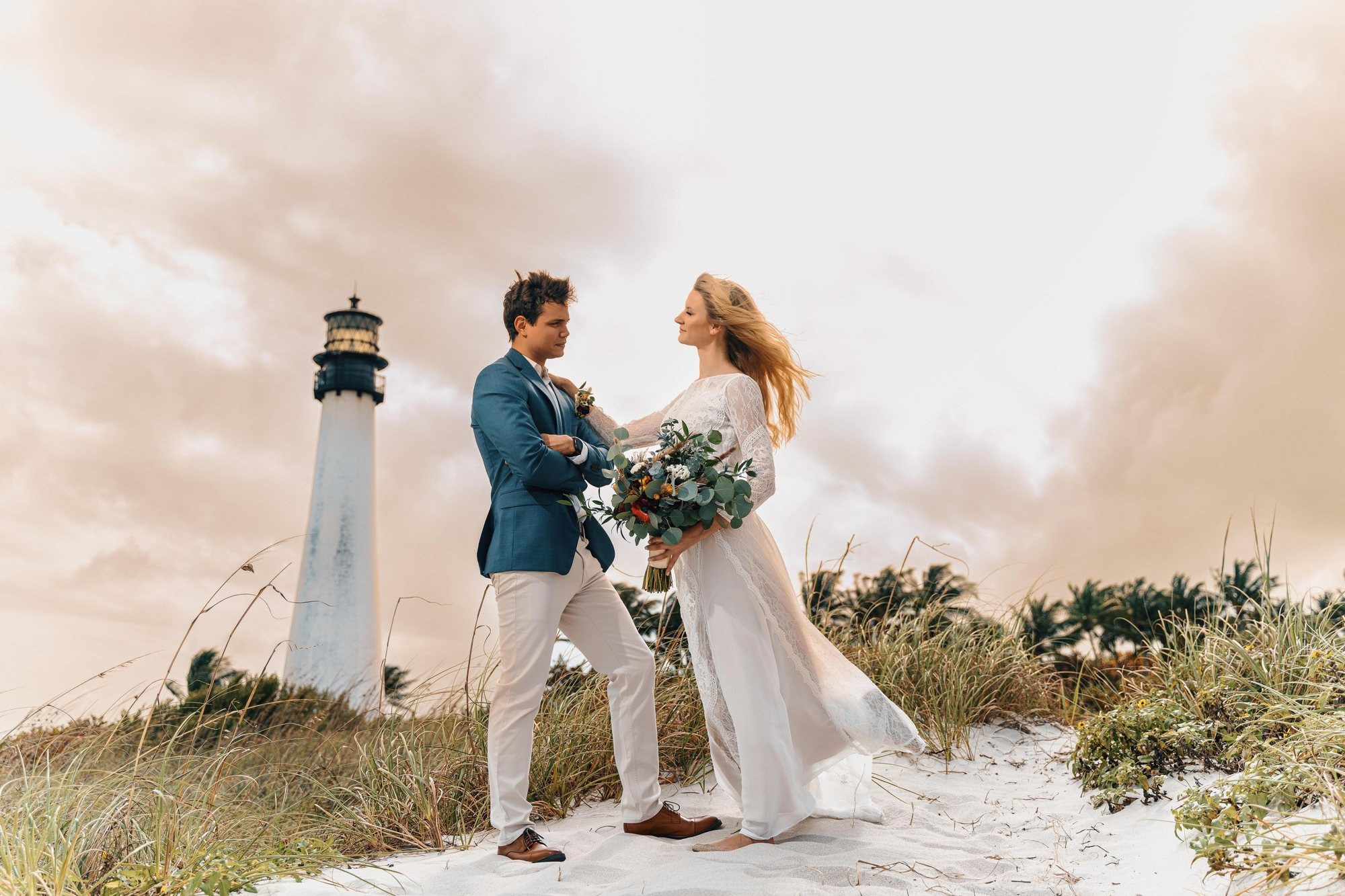 Key Biscayne wedding photographer — couple at Cape Florida Lighthouse near Miami