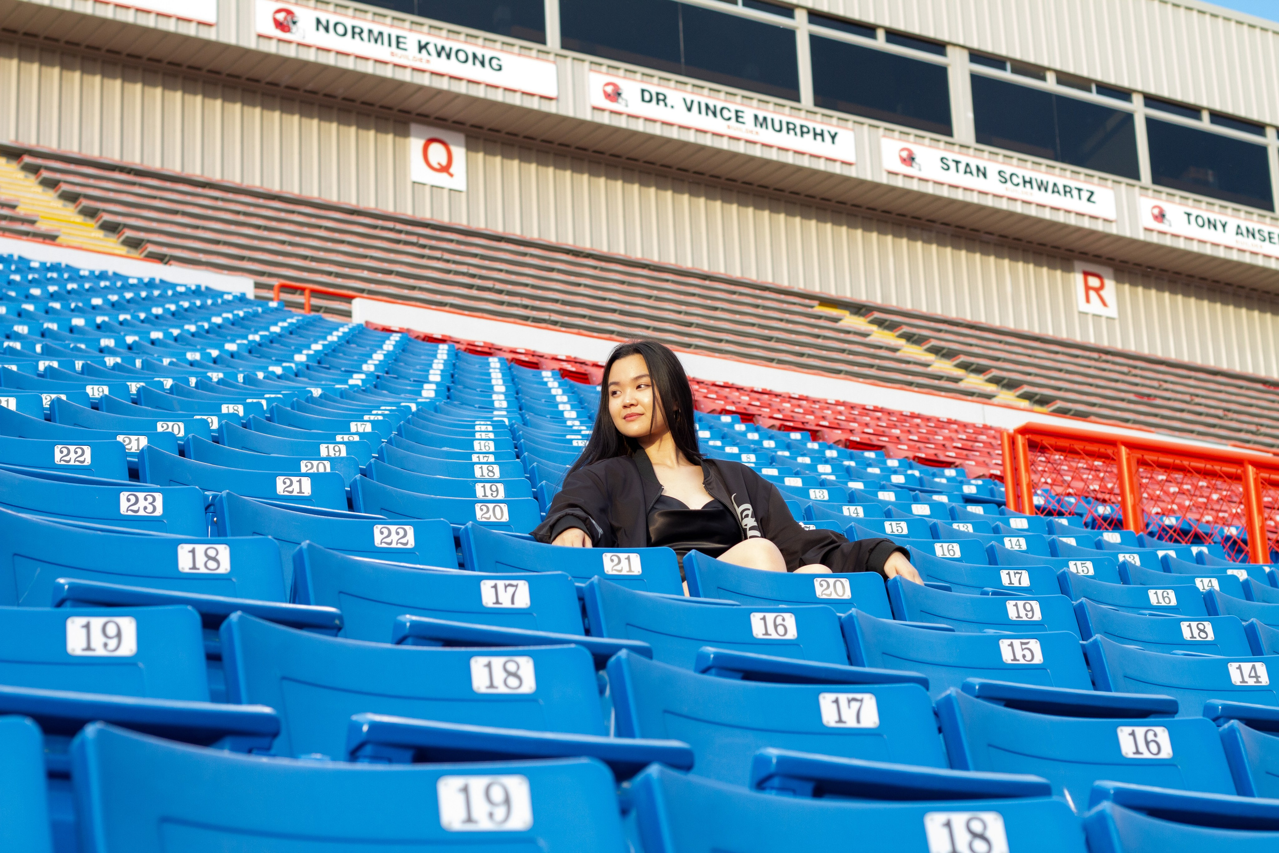 Model Ann at McMahon Stadium: A Stunning Photoshoot Under the Stadium Lights. ProFly.club — Professional aerial filming in Calgary