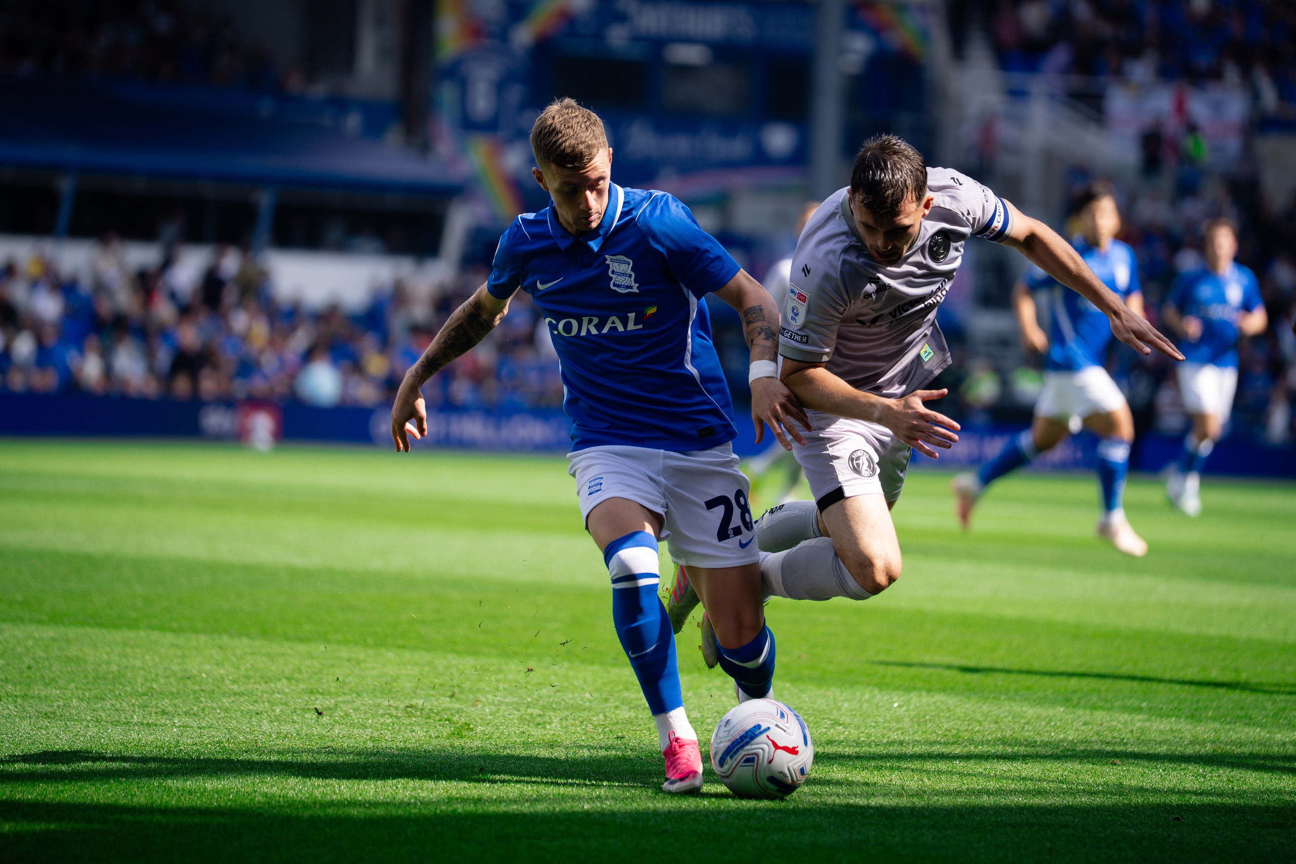 Birmingham City player carrying the ball during the Championship match against Bristol City at St Andrew’s.