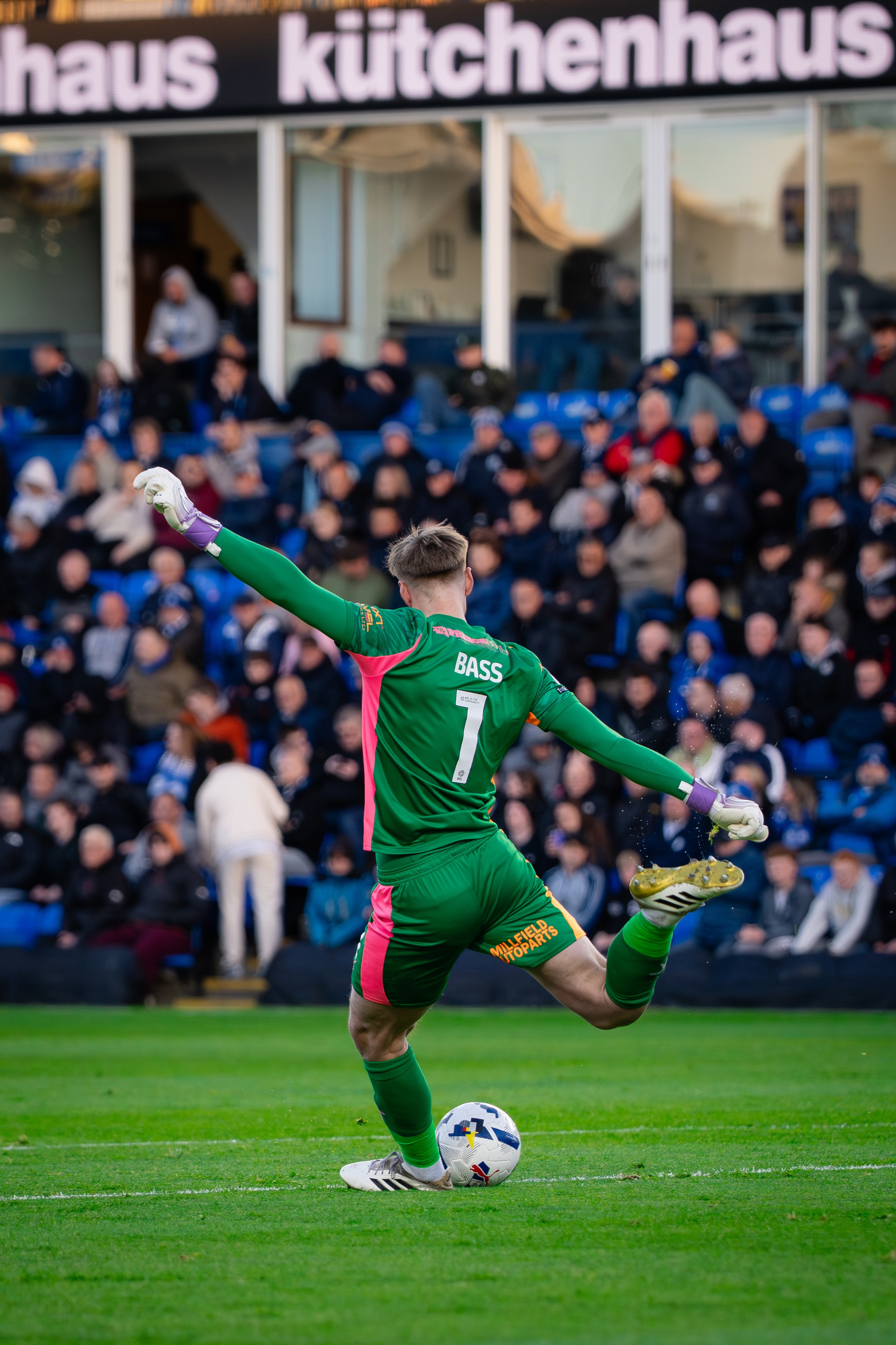 Goalkeeper photographed in front of supporters during Peterborough United v Mansfield Town at the Weston Homes Stadium