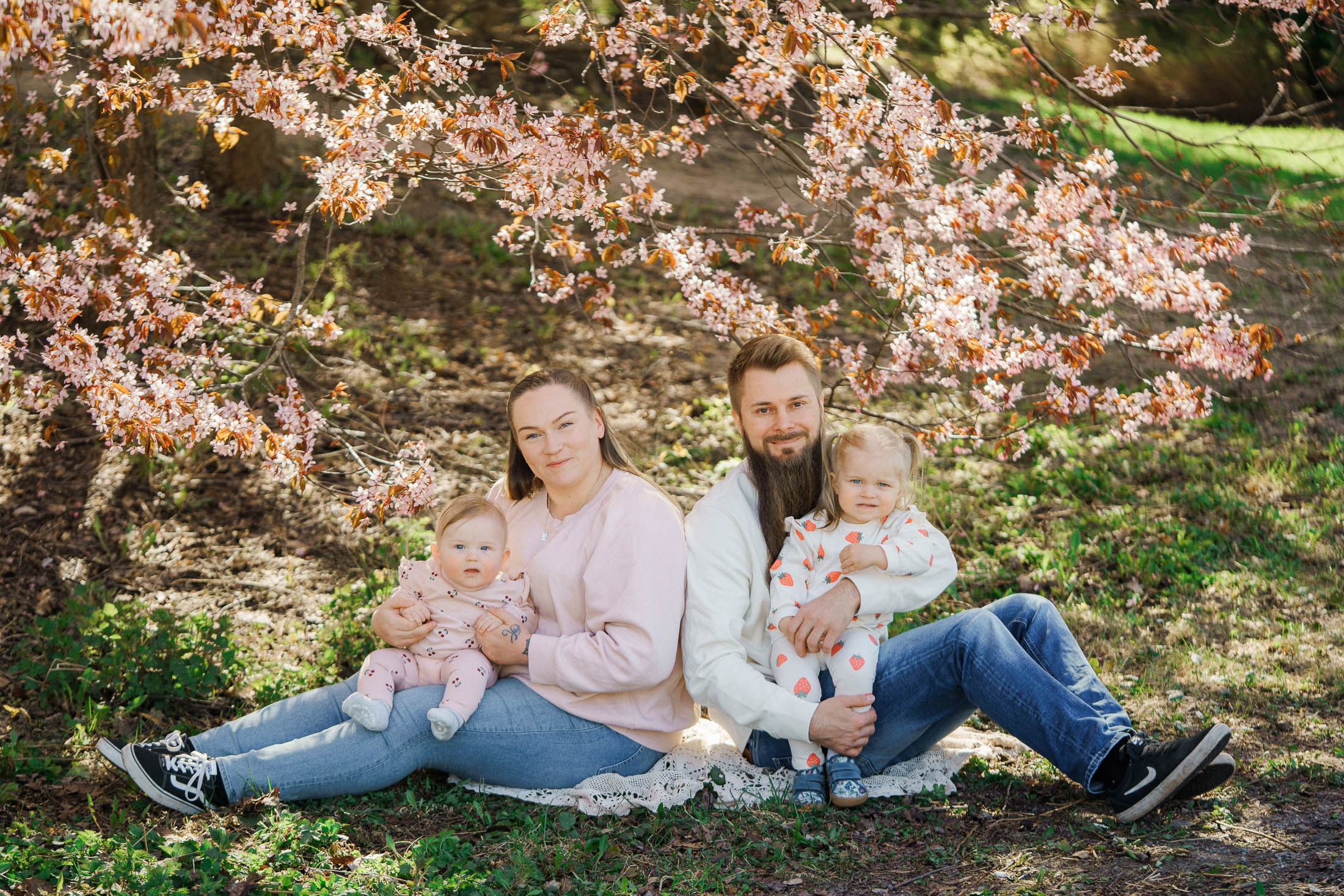 Perhekuvaus kirsikkapuistossa Helsingissä