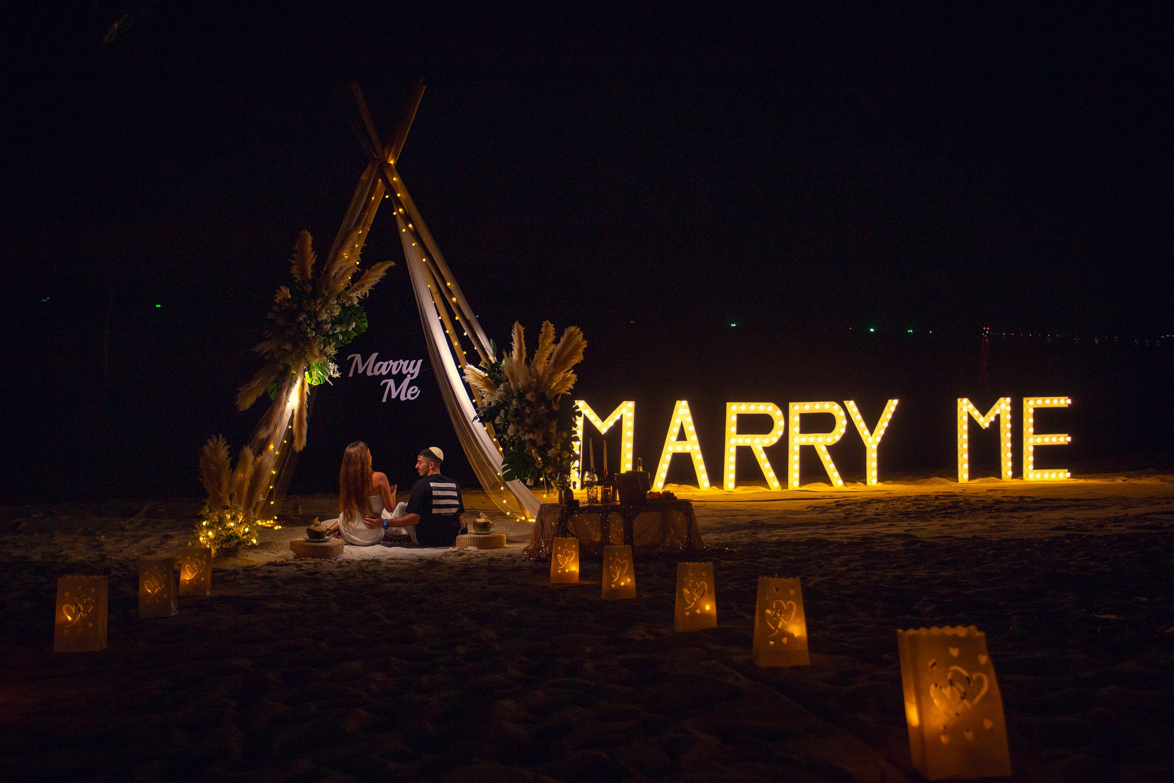 LED letters. Romantic proposal on Koh Samui, Thailand