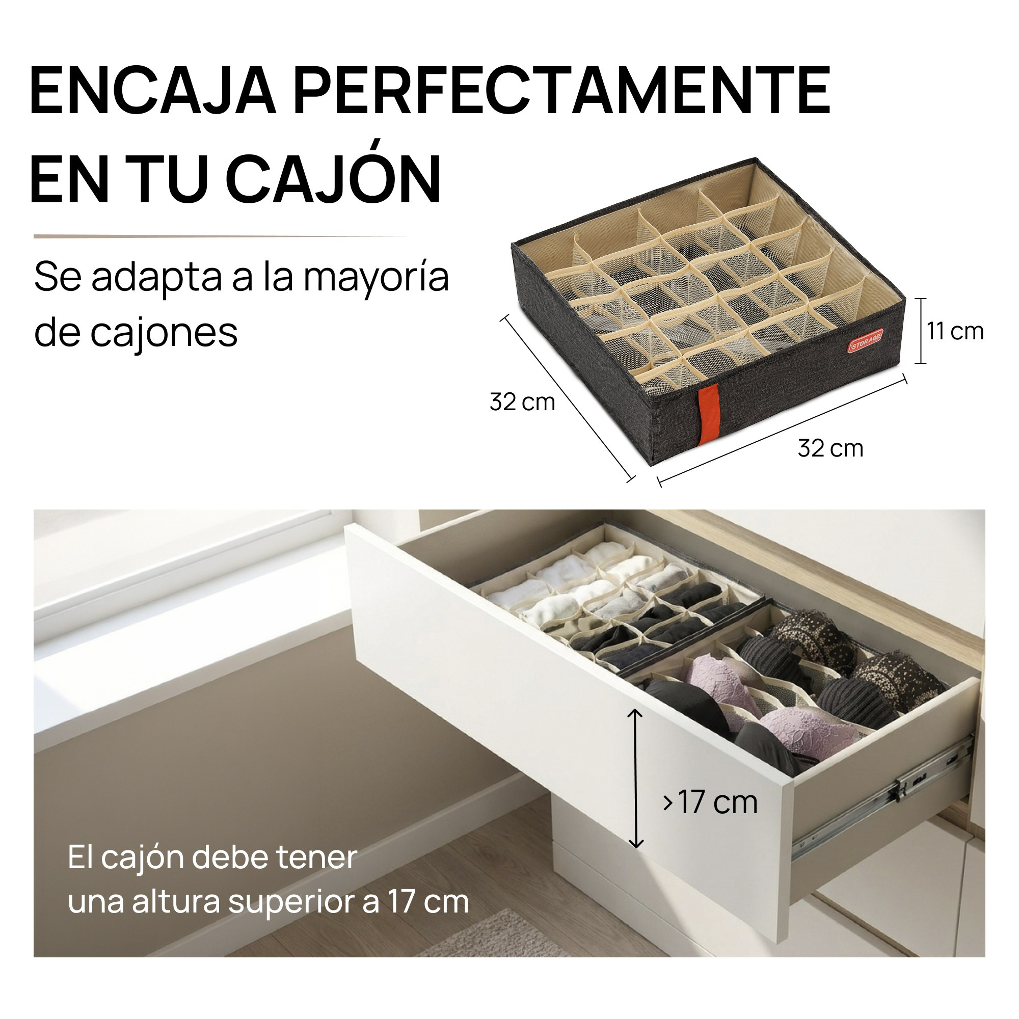 Infografía de organizador de cajón con las medidas de encaje