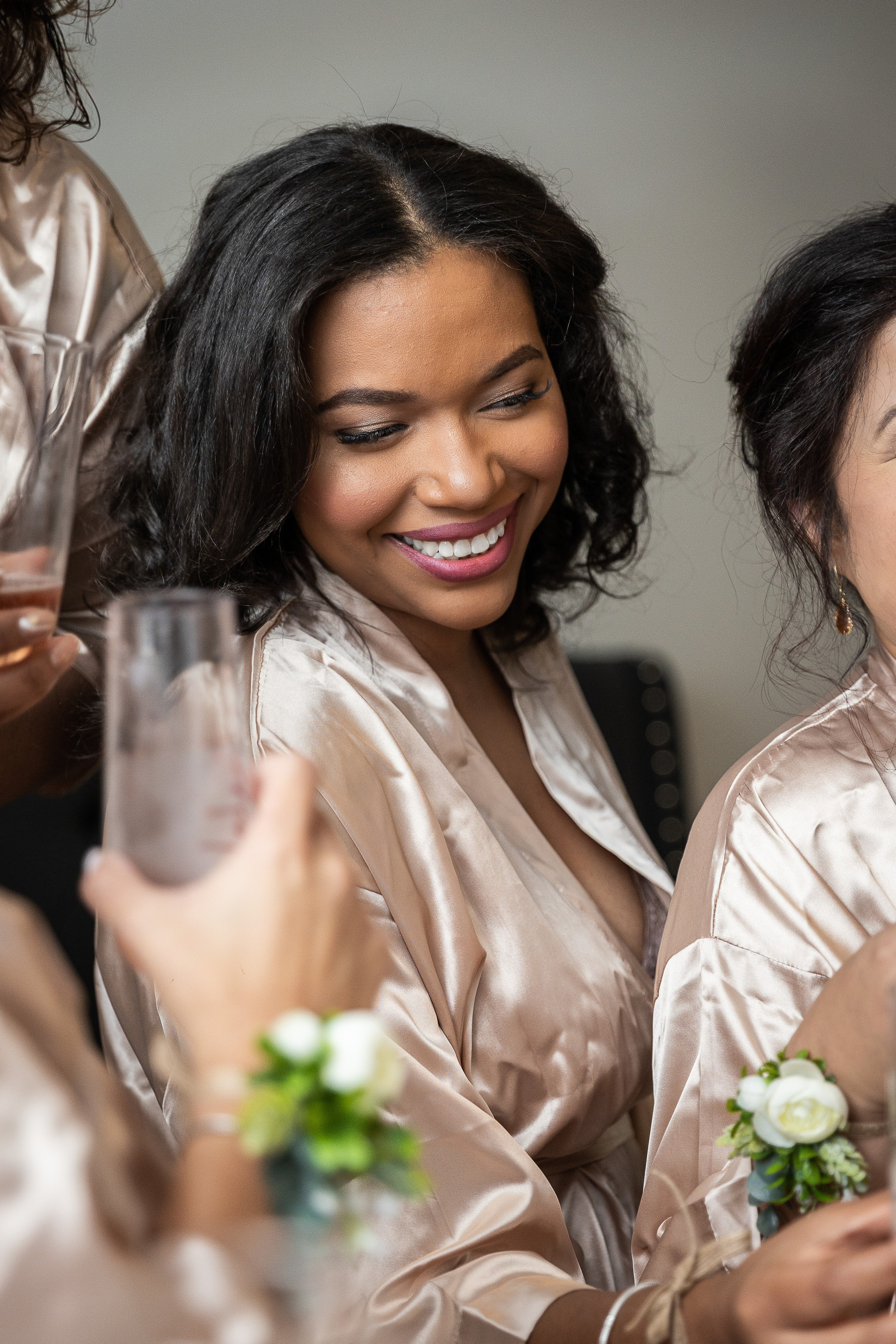 Bridesmaids and champagne bride morning
