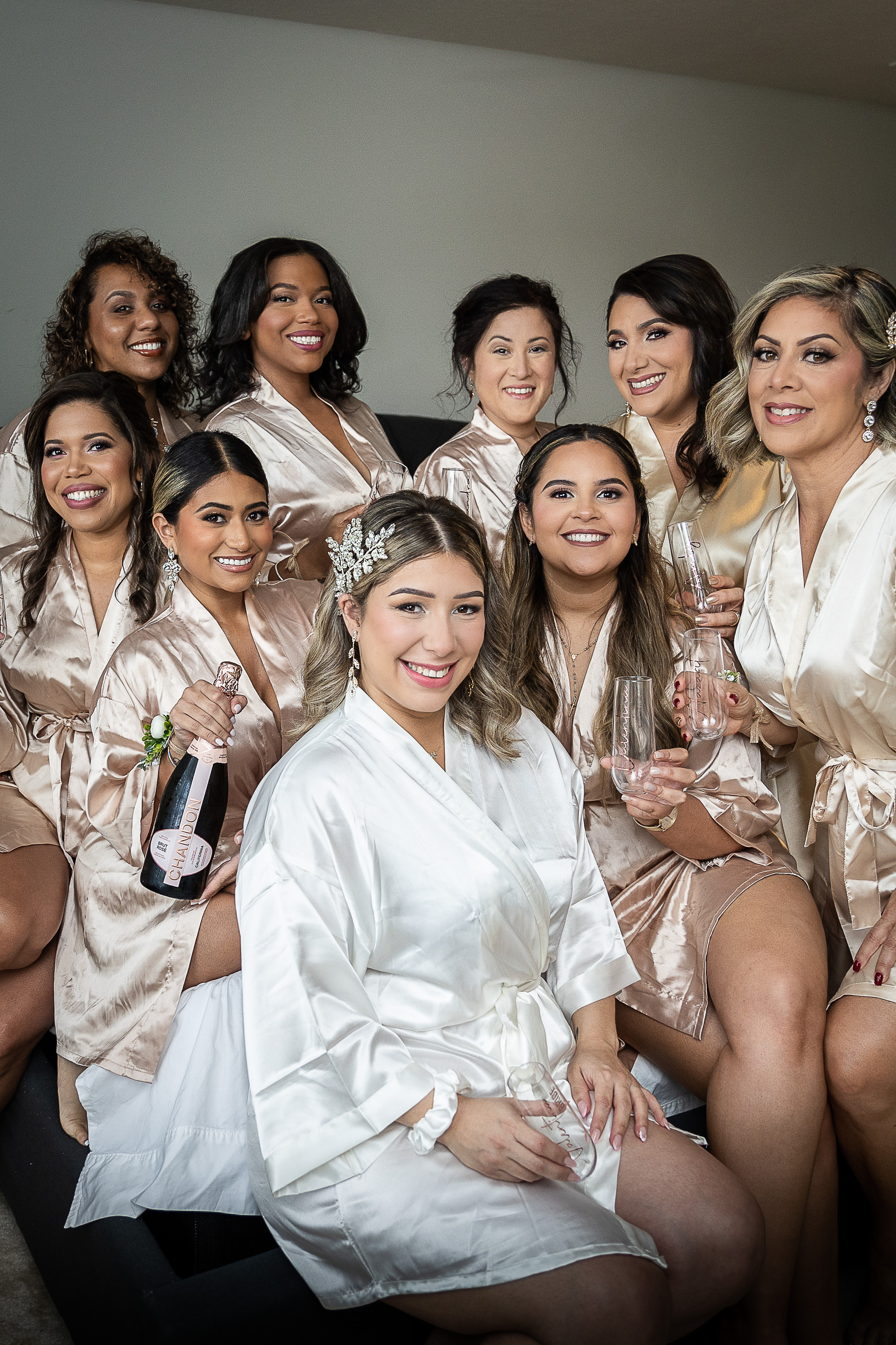Bridesmaids and champagne bride morning