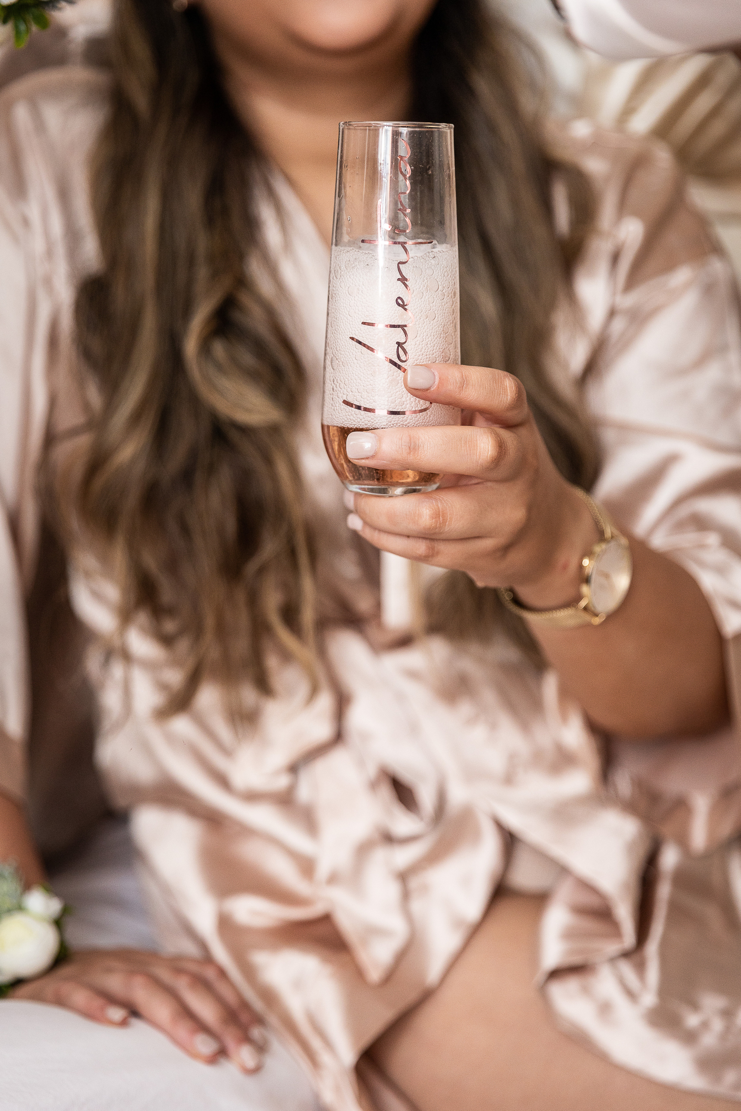 Bridesmaids and champagne bride morning