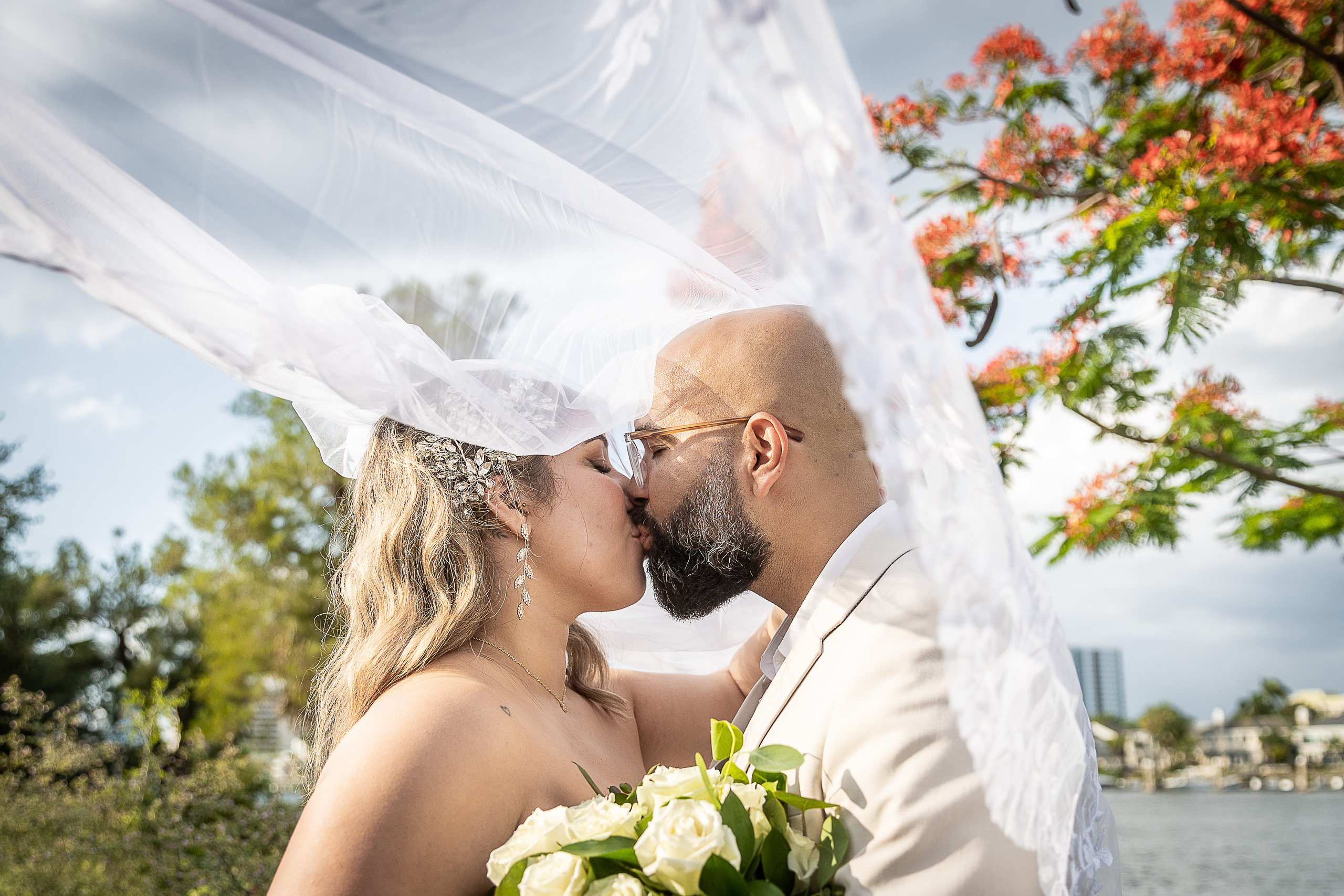 Bride and Groom at Wedding in Davis Island Garden Club, Tampa, FL