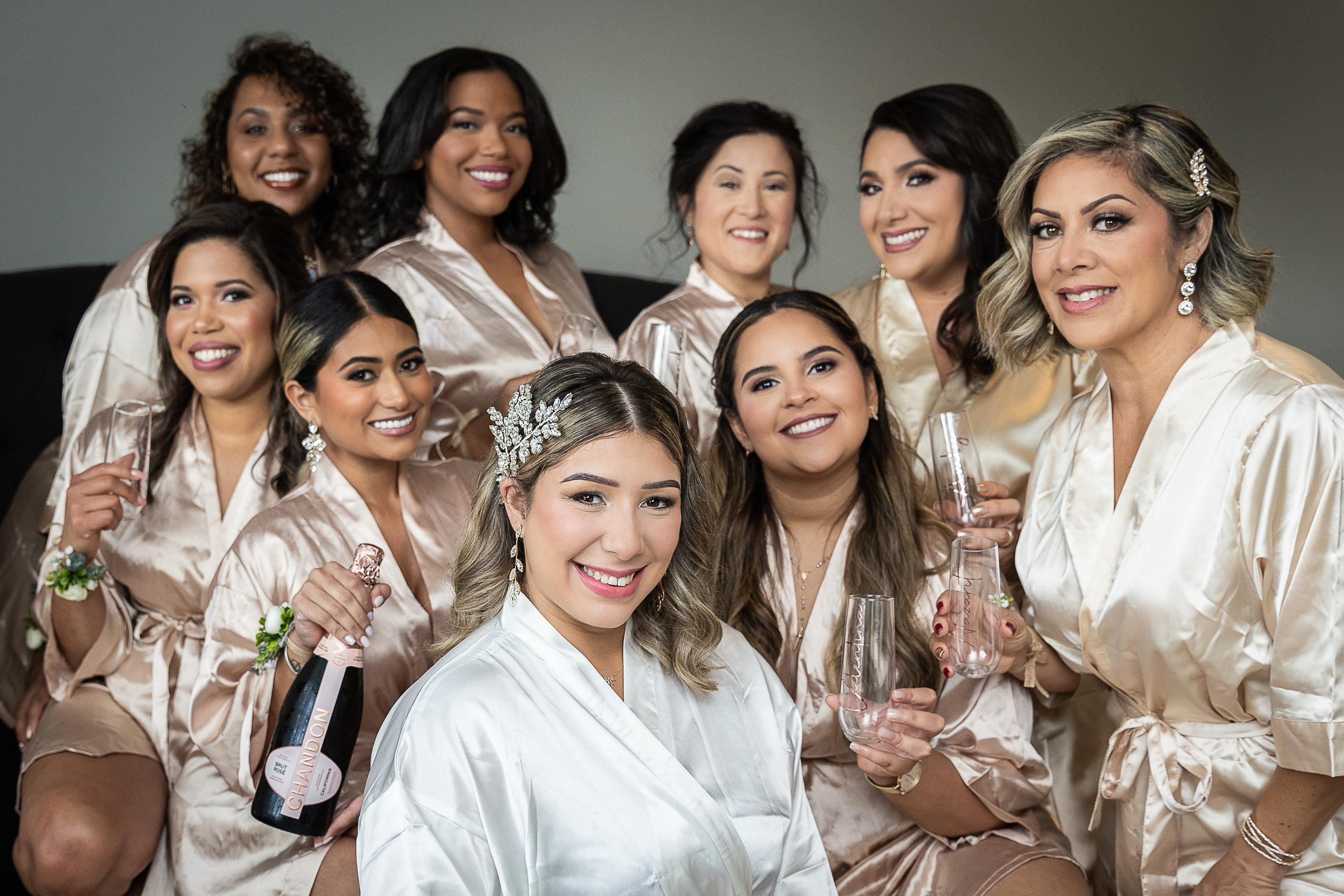 Bridesmaids and champagne bride morning