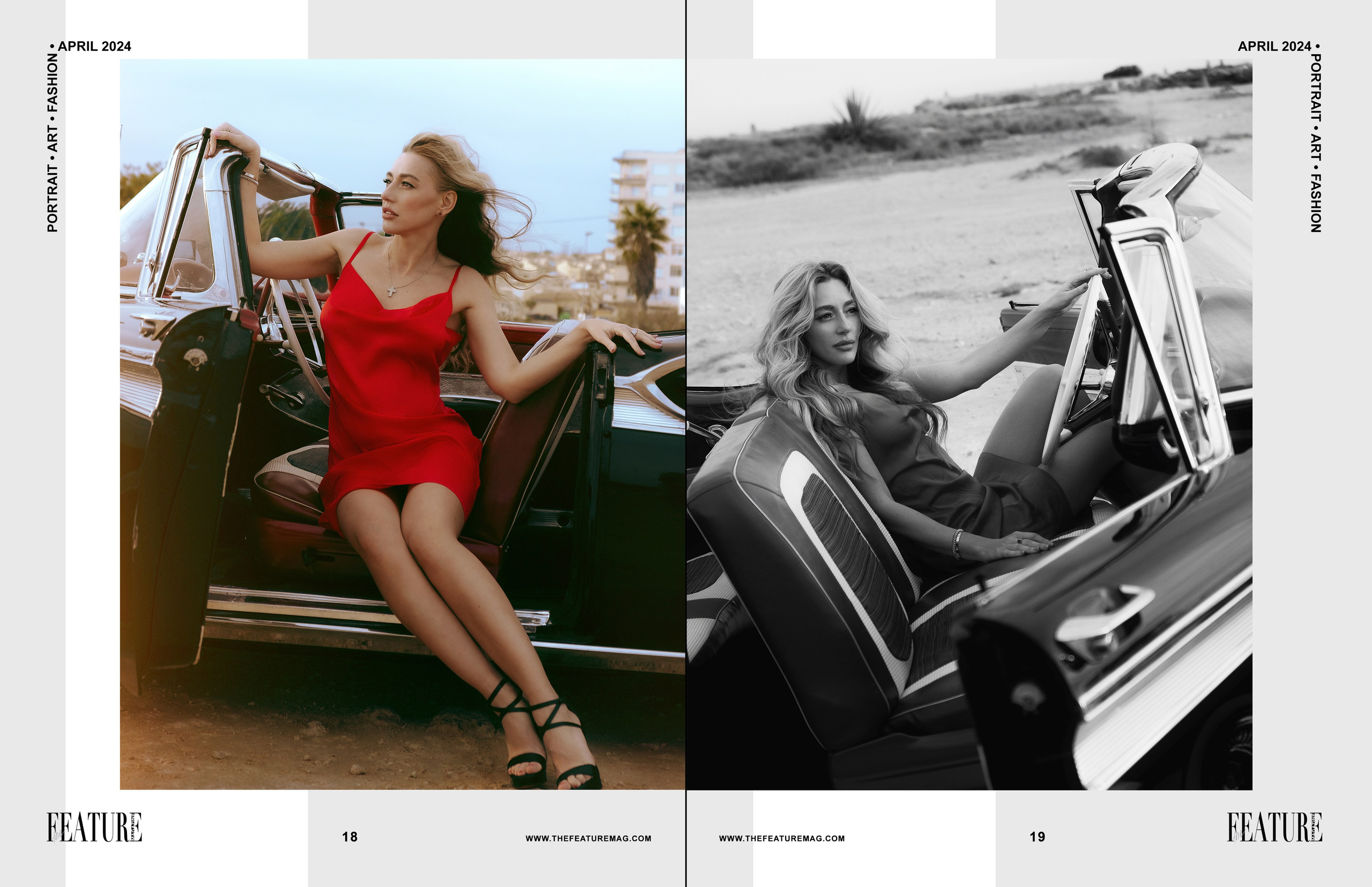 Элегантная съемка у моря с ретро автомобилем в Торревьехе, Аликанте