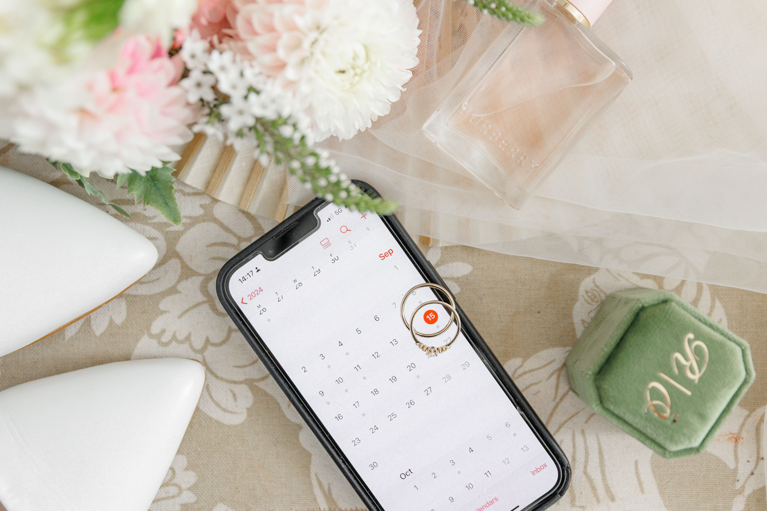 Close-up of elegant wedding rings with intricate designs, captured during a wedding in Barcelona.