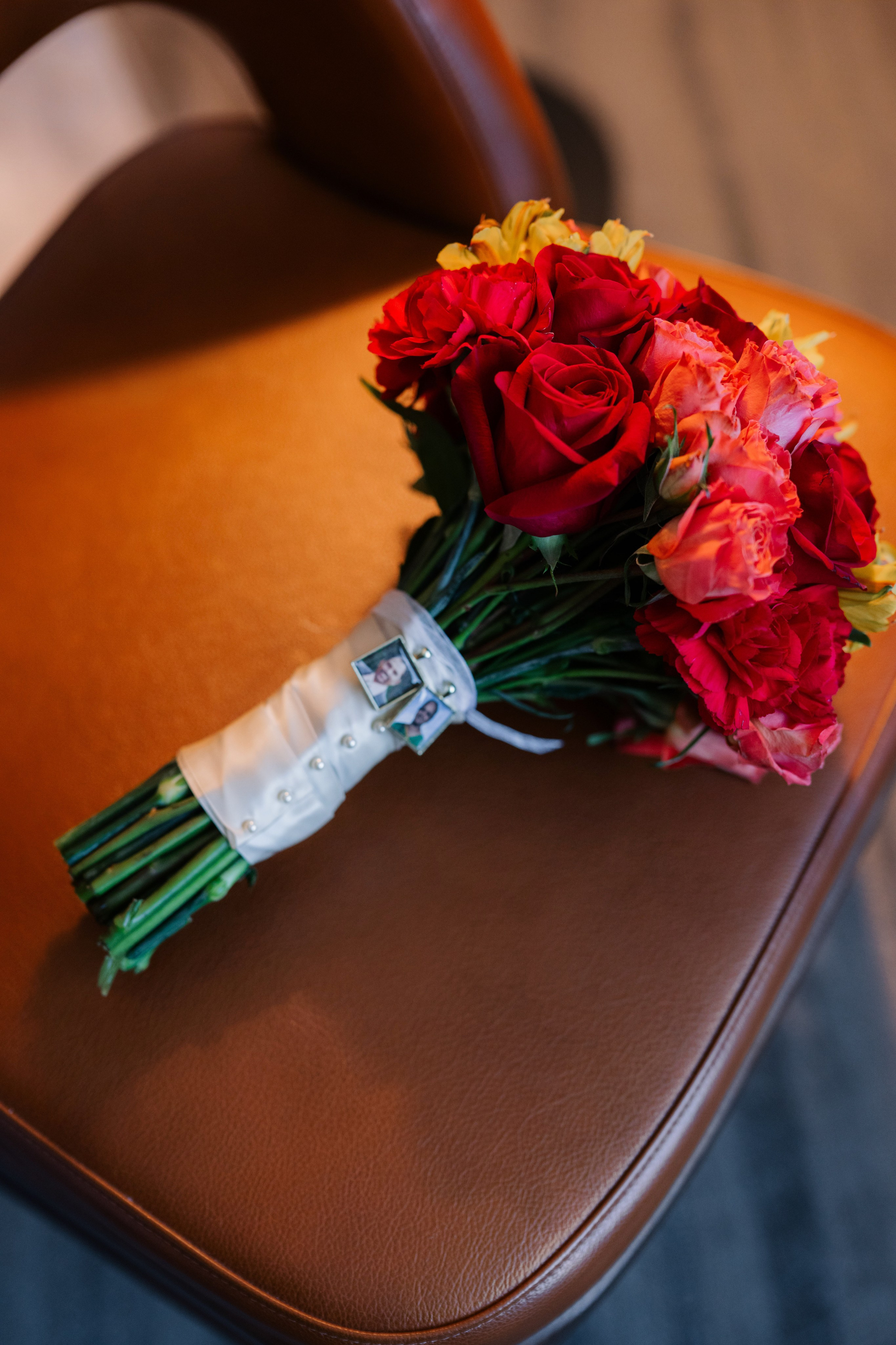 a bouquet of flowers on a chair