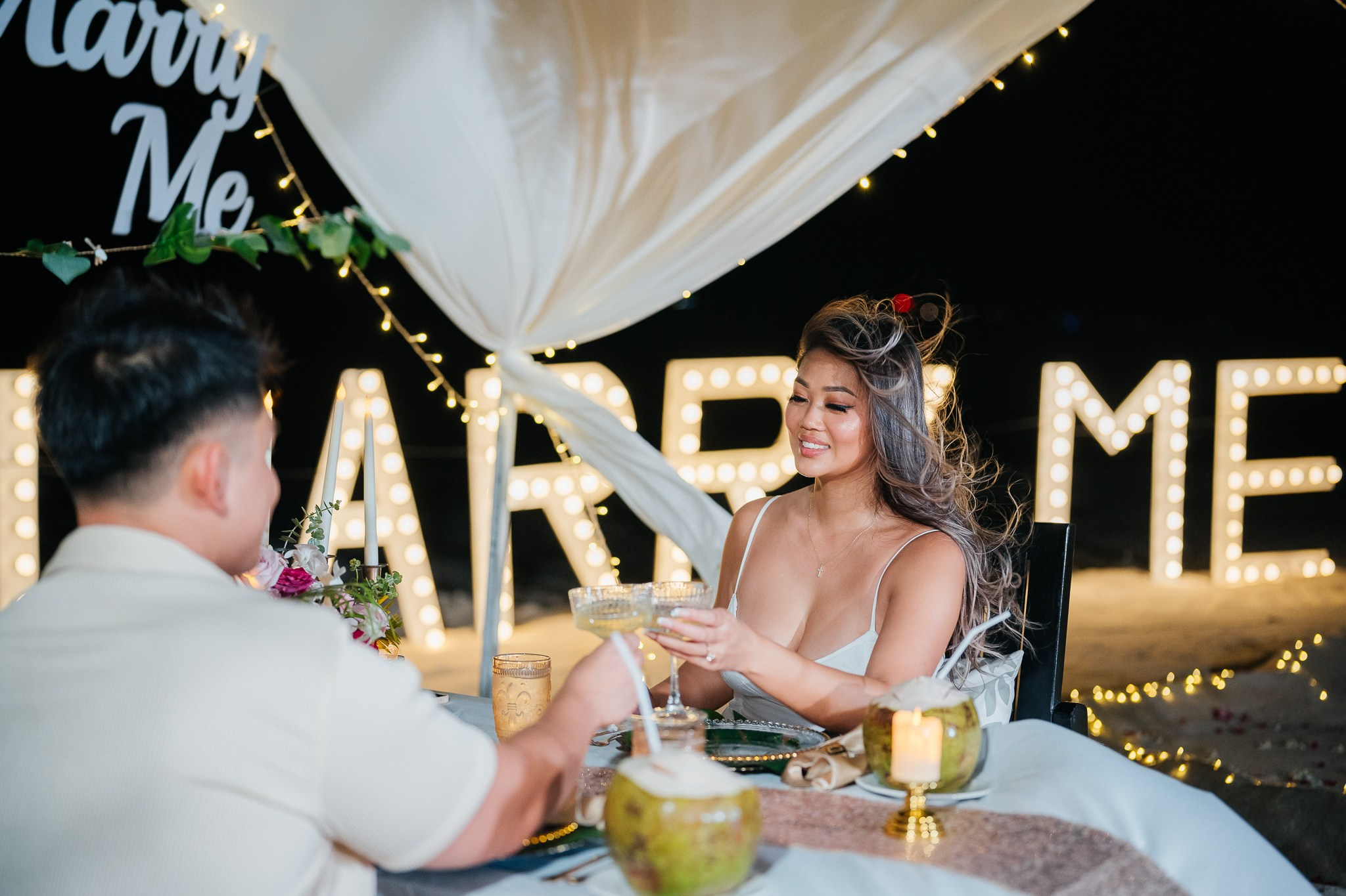 LED letters. Romantic proposal on Koh Samui, Thailand