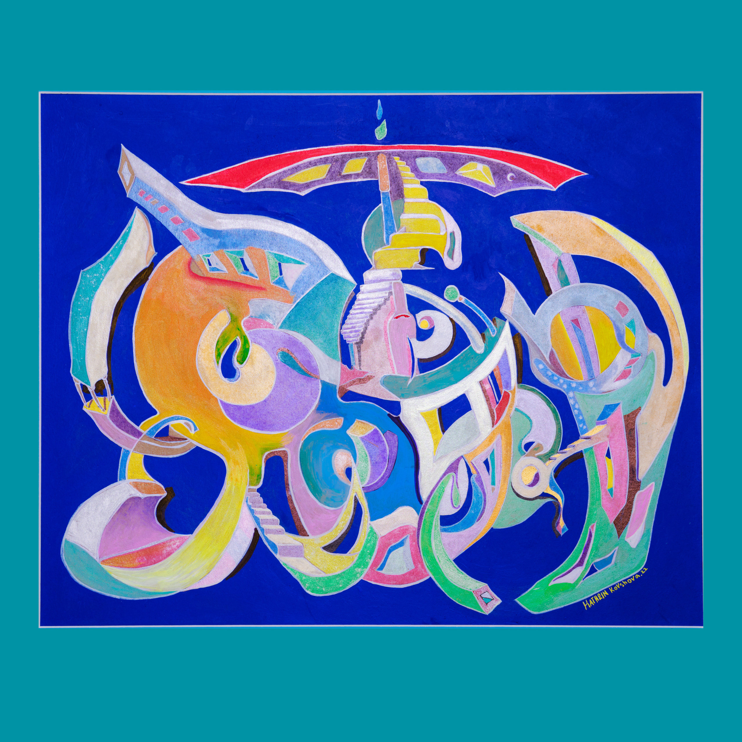 "The secret name of good construction." 2022. Dubai, UAE. Acrylic, cardboard. (framed) 40-51 cm. 5000AED. free delivery for Dubai acrylic canvas Kathrin Kovshova artbykovshova