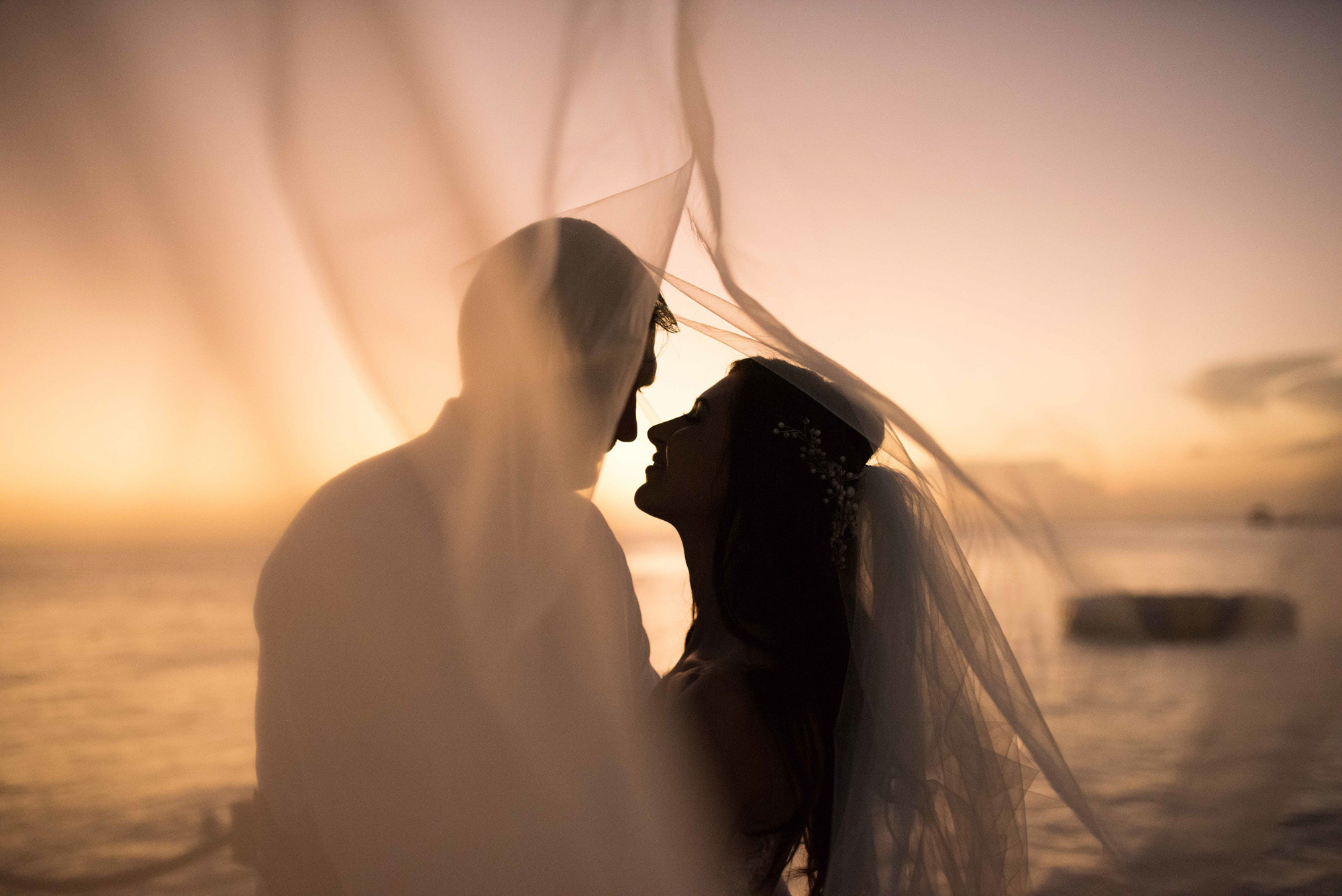 Profile of the bride and groom at sunset through a fluttering veil on the background of the sea.