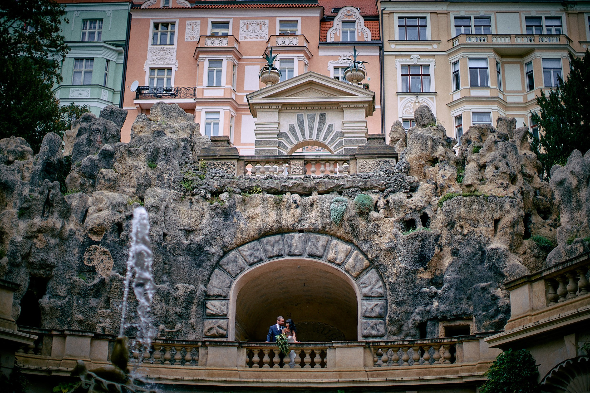 Panoramic view historic Grebovka pavilion above artificial caves Prague.