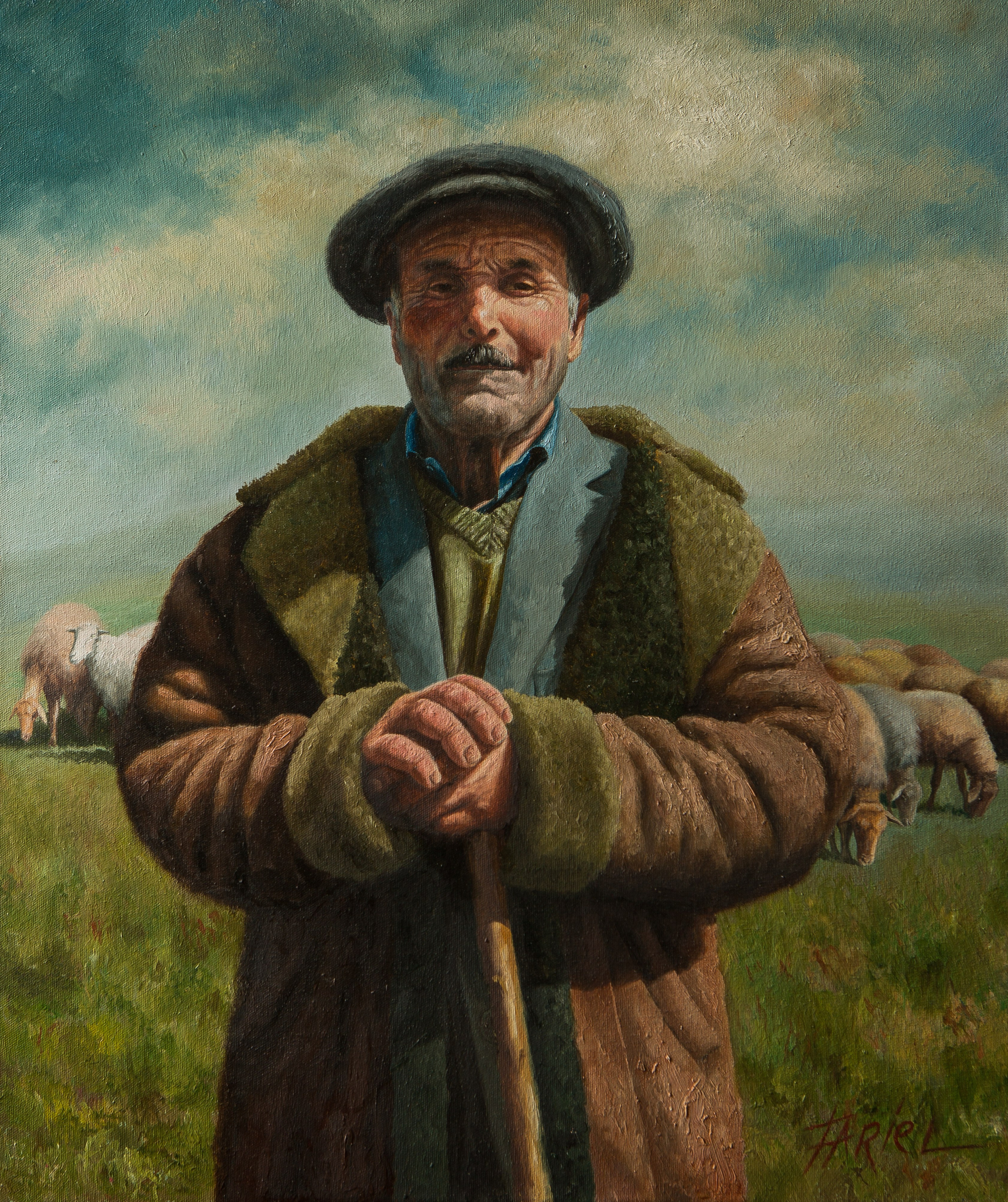 Tariel Əhmədovun yağlı boya ilə çəkilmiş portret əsəri, arxasında qoyun sürüsü otlayan yaşıl sahədə dayanan yaşlı çobanı təsvir edir. O, tünd papaq və uzun, xəz haşiyəli qəhvəyi palto geyinib, əlində taxta çomaq tutur. Üzü qırışlıdır, bığları var və yüngül təbəssümlə birbaşa tamaşaçıya baxır. Səma buludlu mavidir.