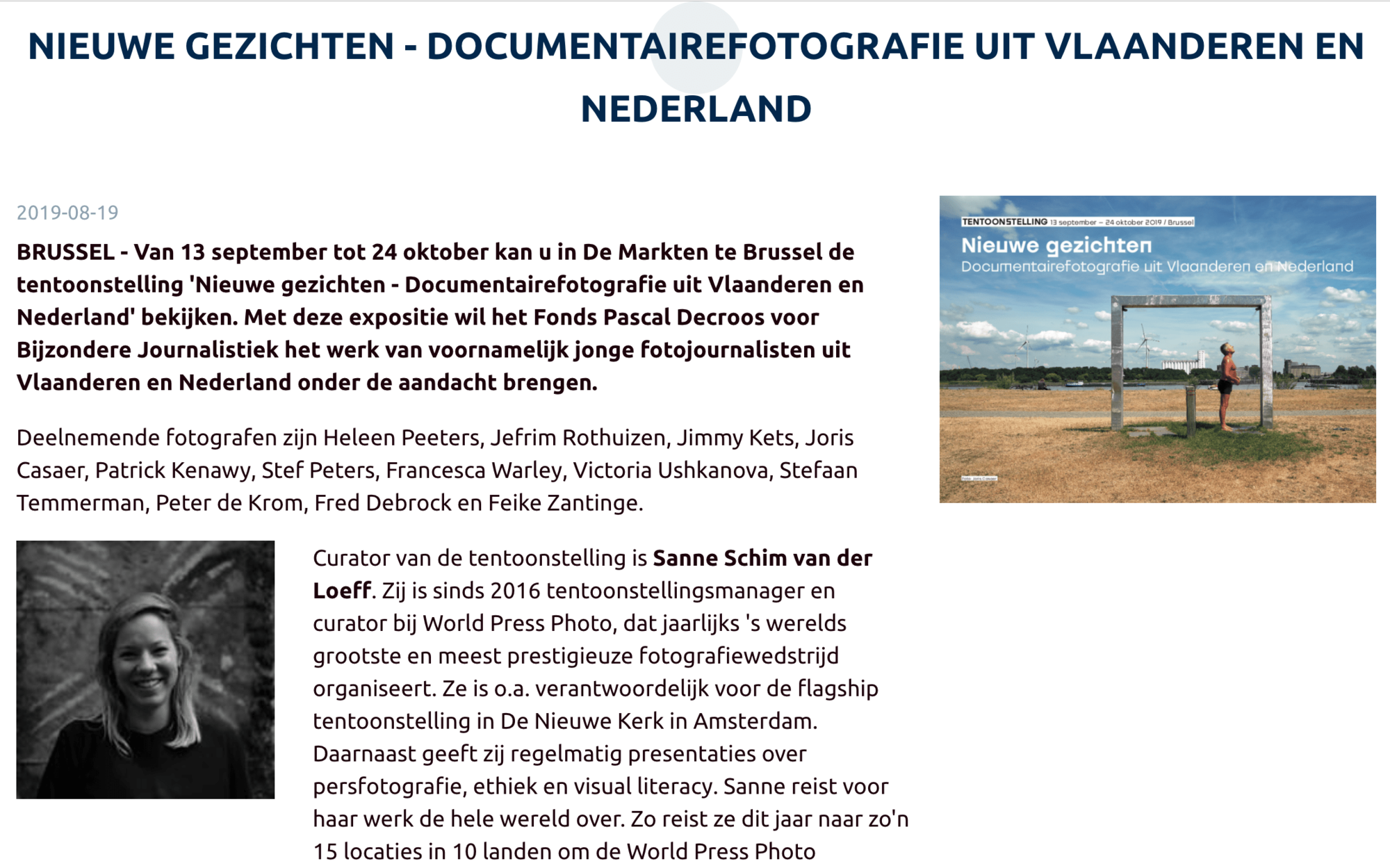 Aankondiging van mijn tentoonstelling 'Nieuwe gezichten - Documentaire fotografie uit Vlaanderen en Nederland