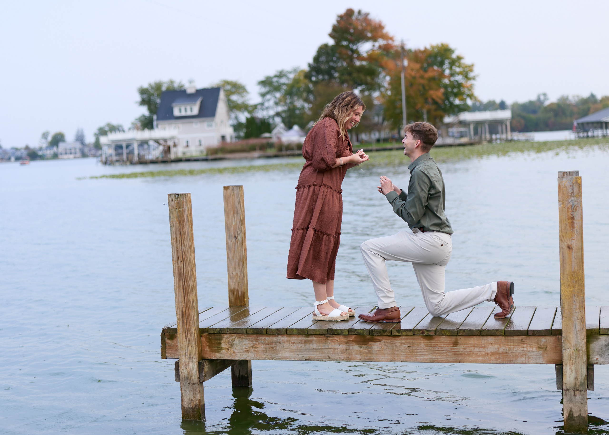 Close view of a kneeling proposal on the dock at Buckeye Lake, Ohio