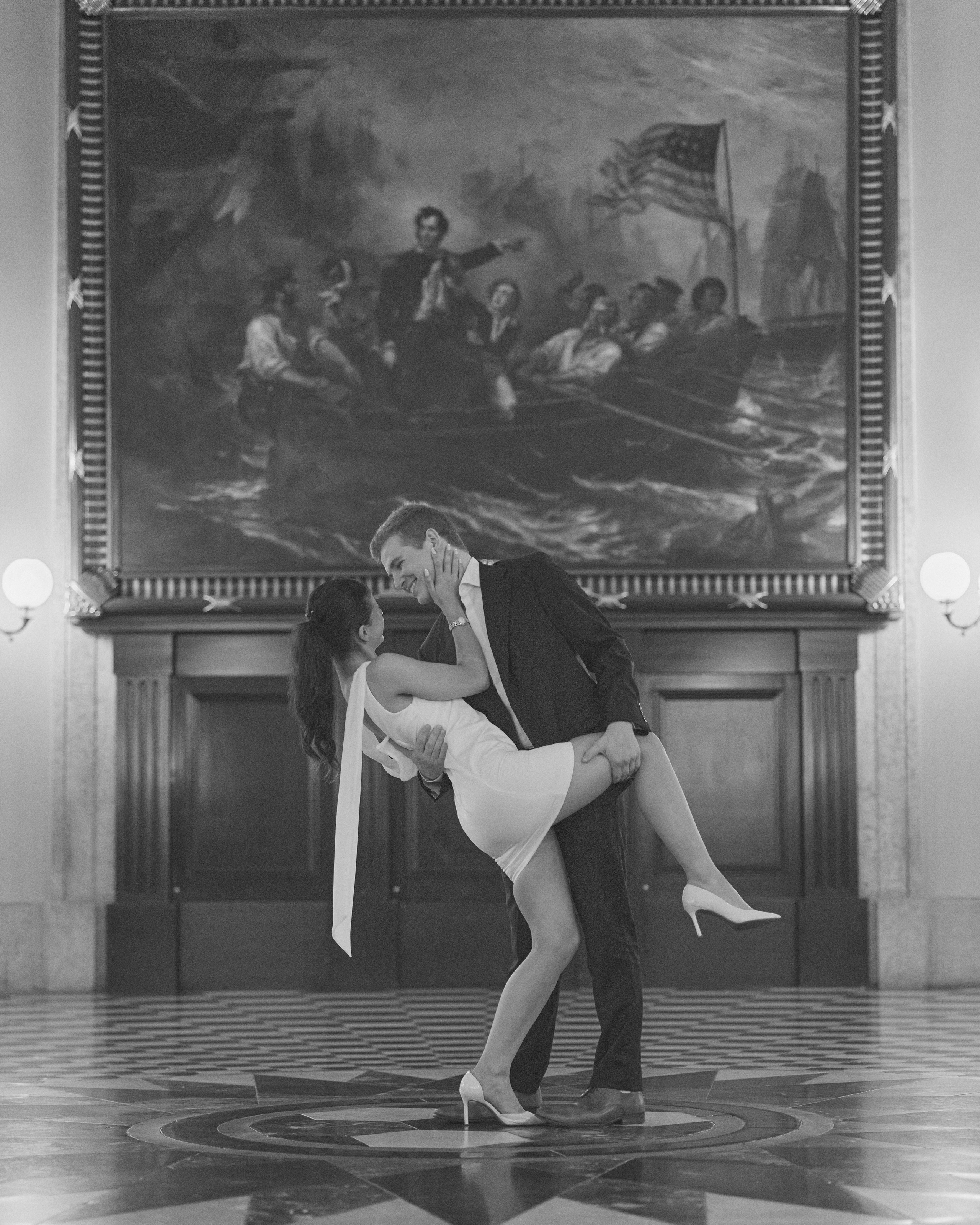 Black and white dip kiss at the Ohio Statehouse in Columbus, Ohio