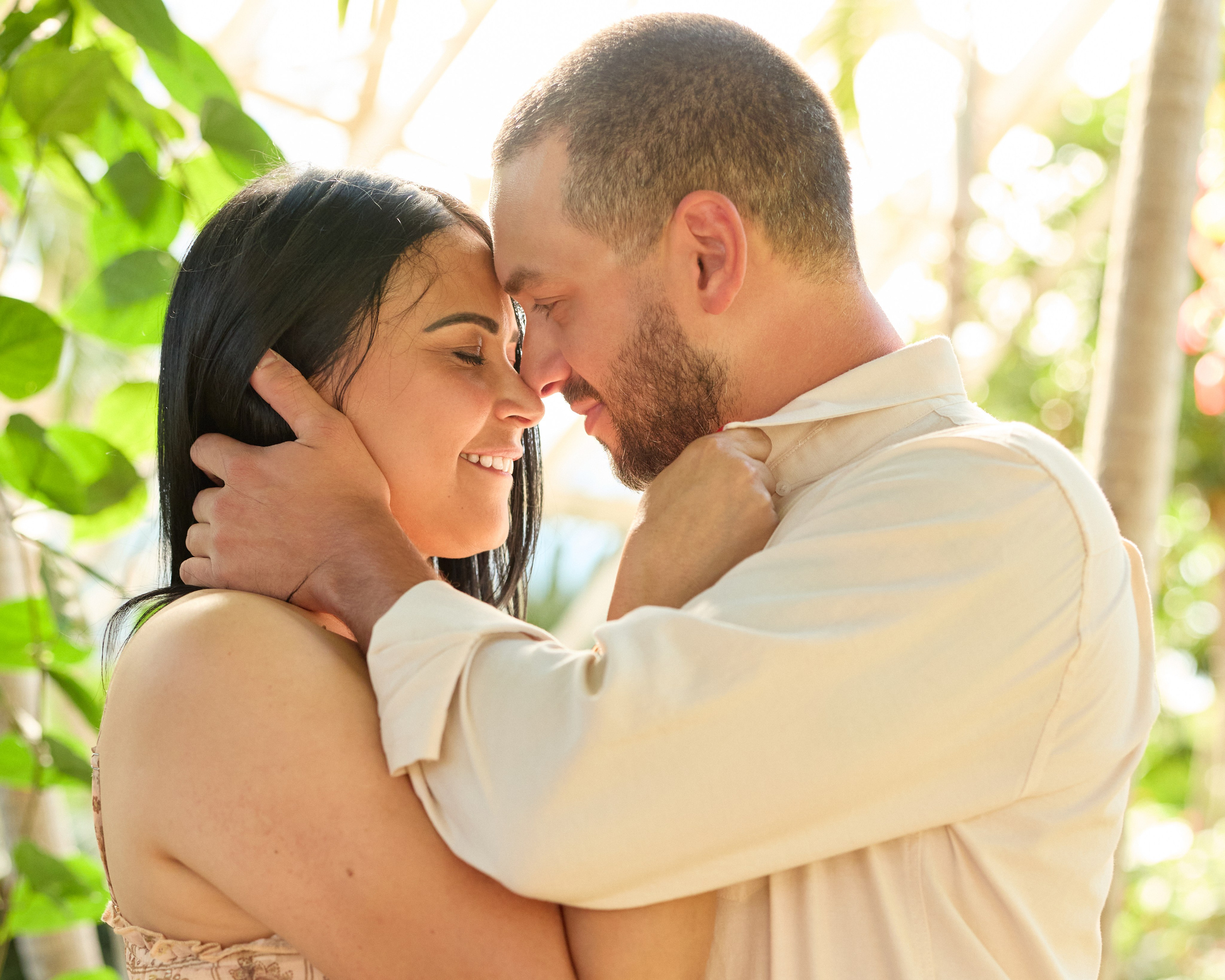 Intimate close-up of foreheads touching at Franklin Park Conservatory in Columbus, Ohio