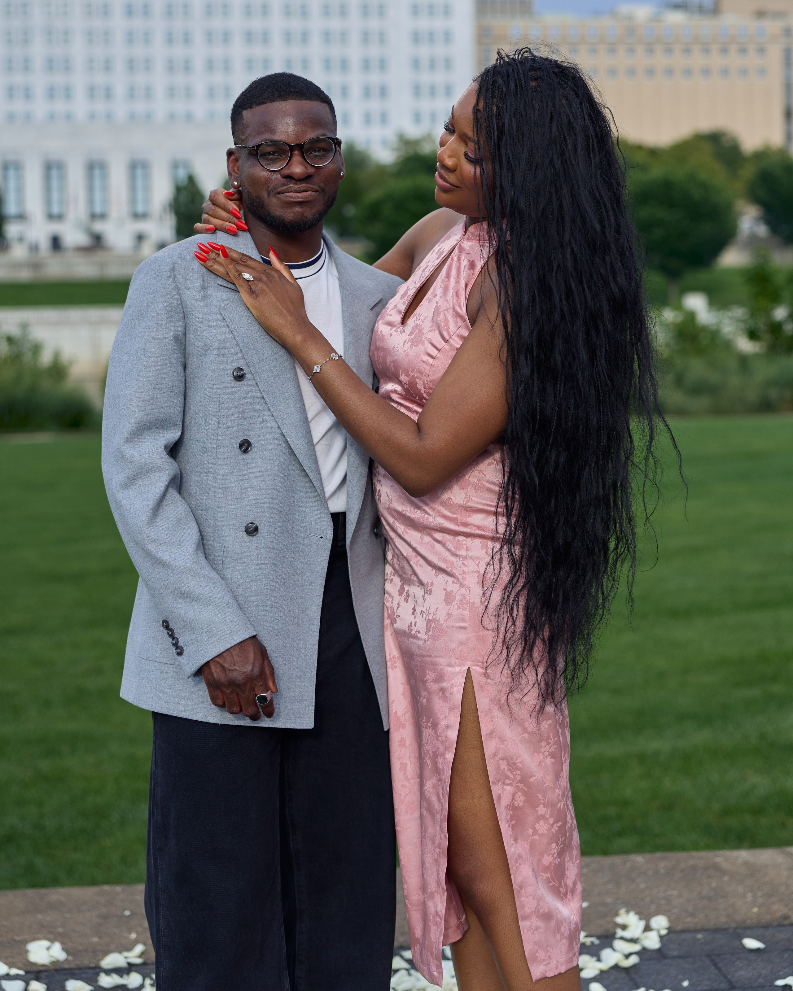 Smiling couple embracing after a personalized downtown proposal in Columbus, Ohio