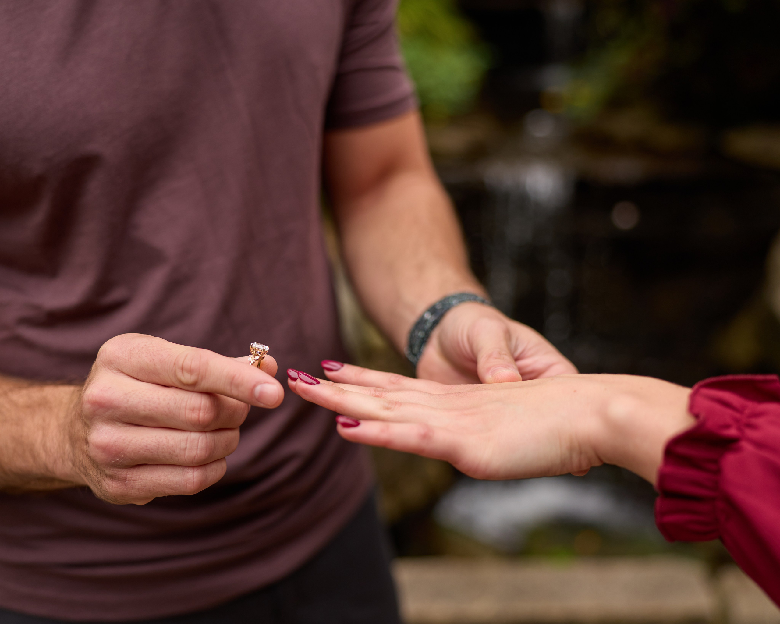 Close-up of an engagement ring being placed on her finger at Inniswood Metro Gardens, Ohio