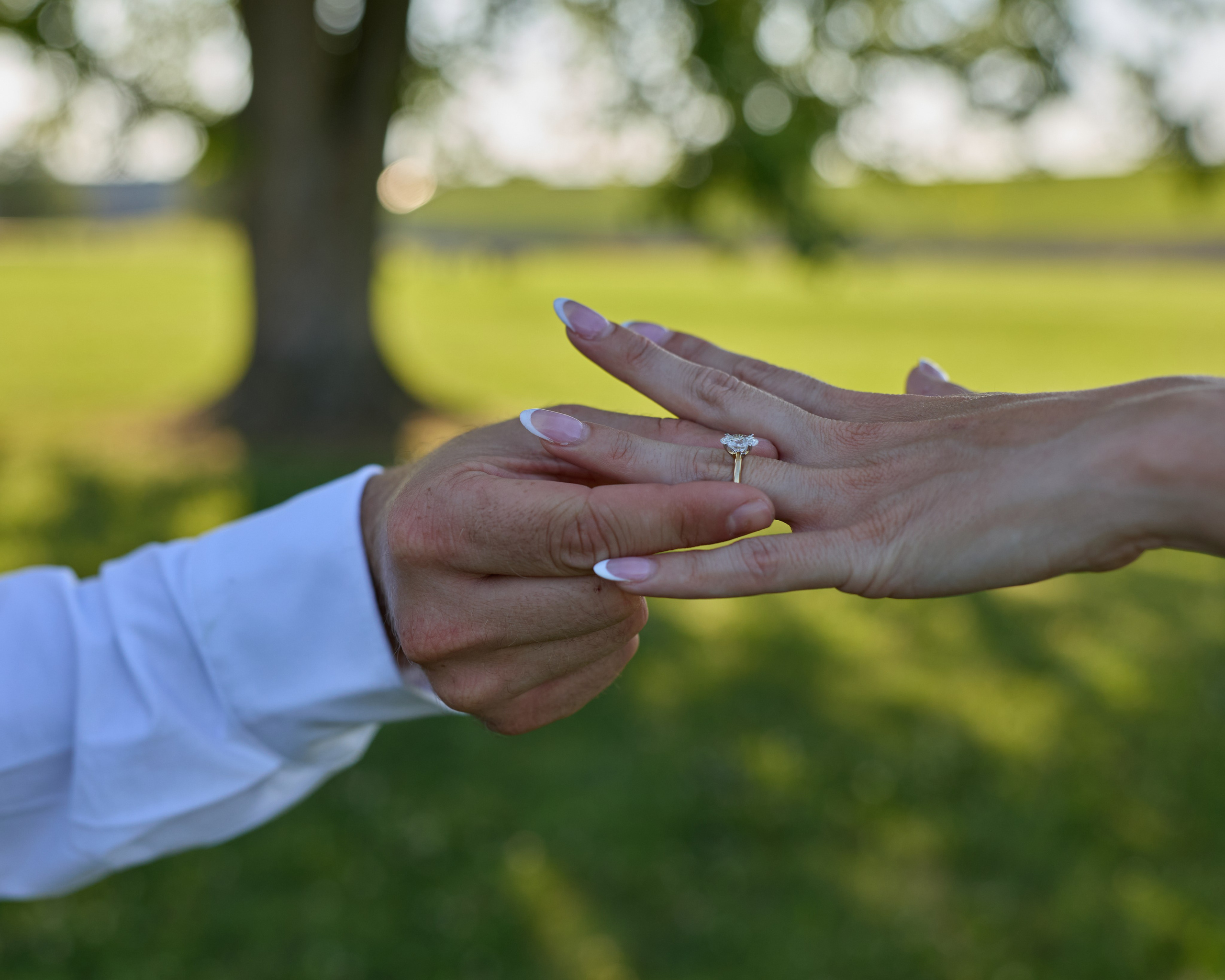 Close-up of the engagement ring with field bokeh at Alum Creek, Ohio
