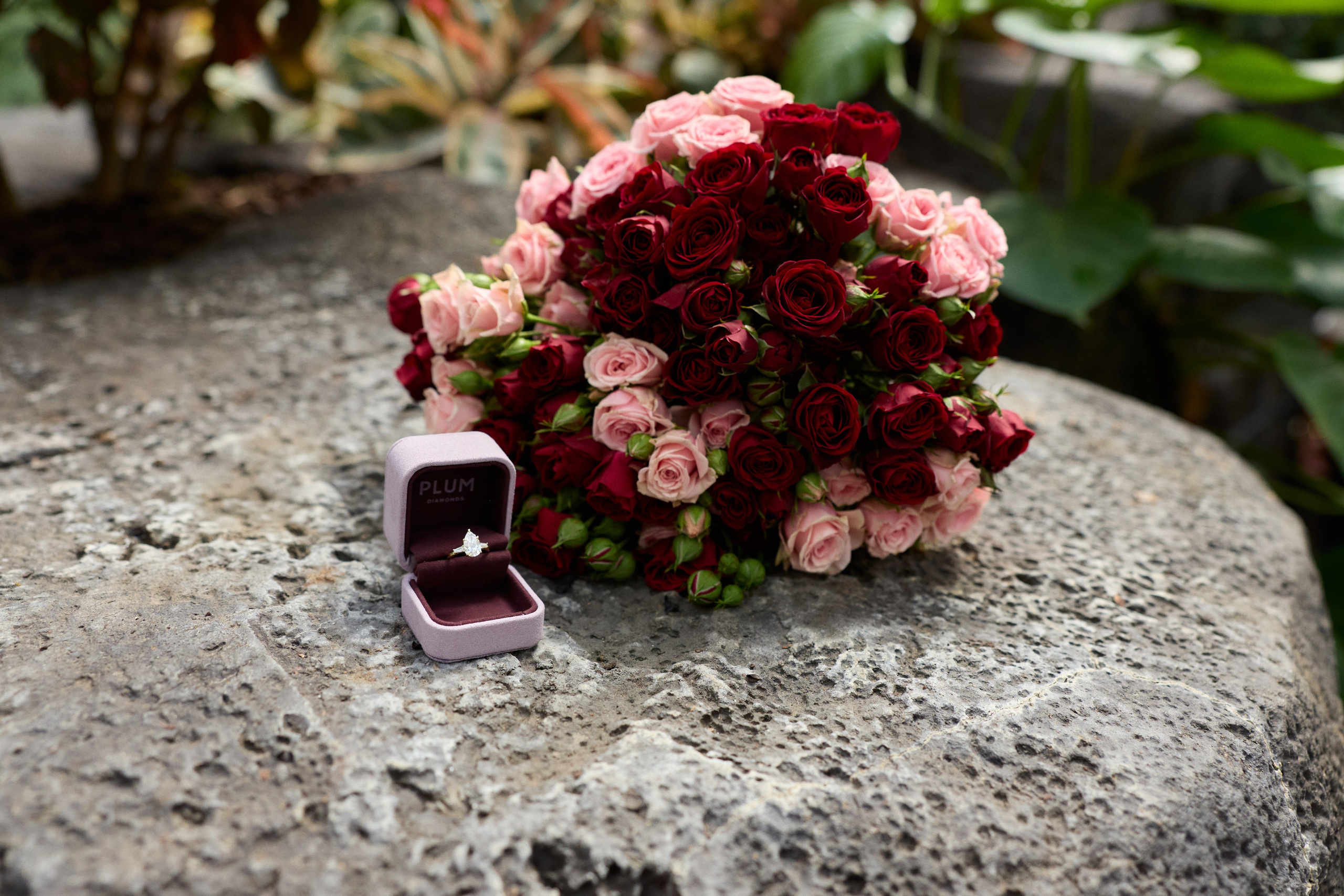 Engagement ring box and bouquet arranged on a stone at Franklin Park Conservatory in Columbus, Ohio