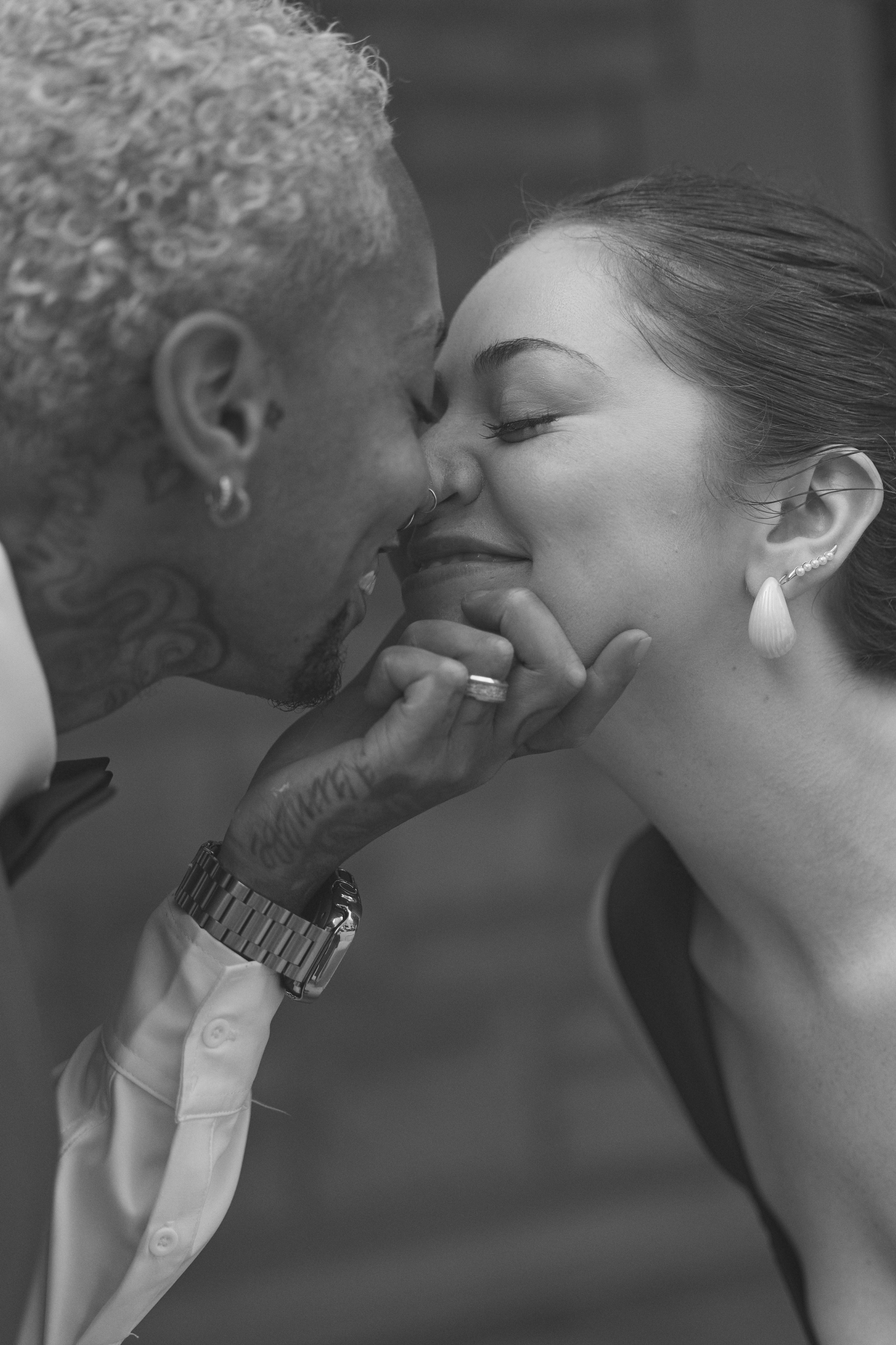 Couple laughing together during small wedding portraits in Columbus Ohio