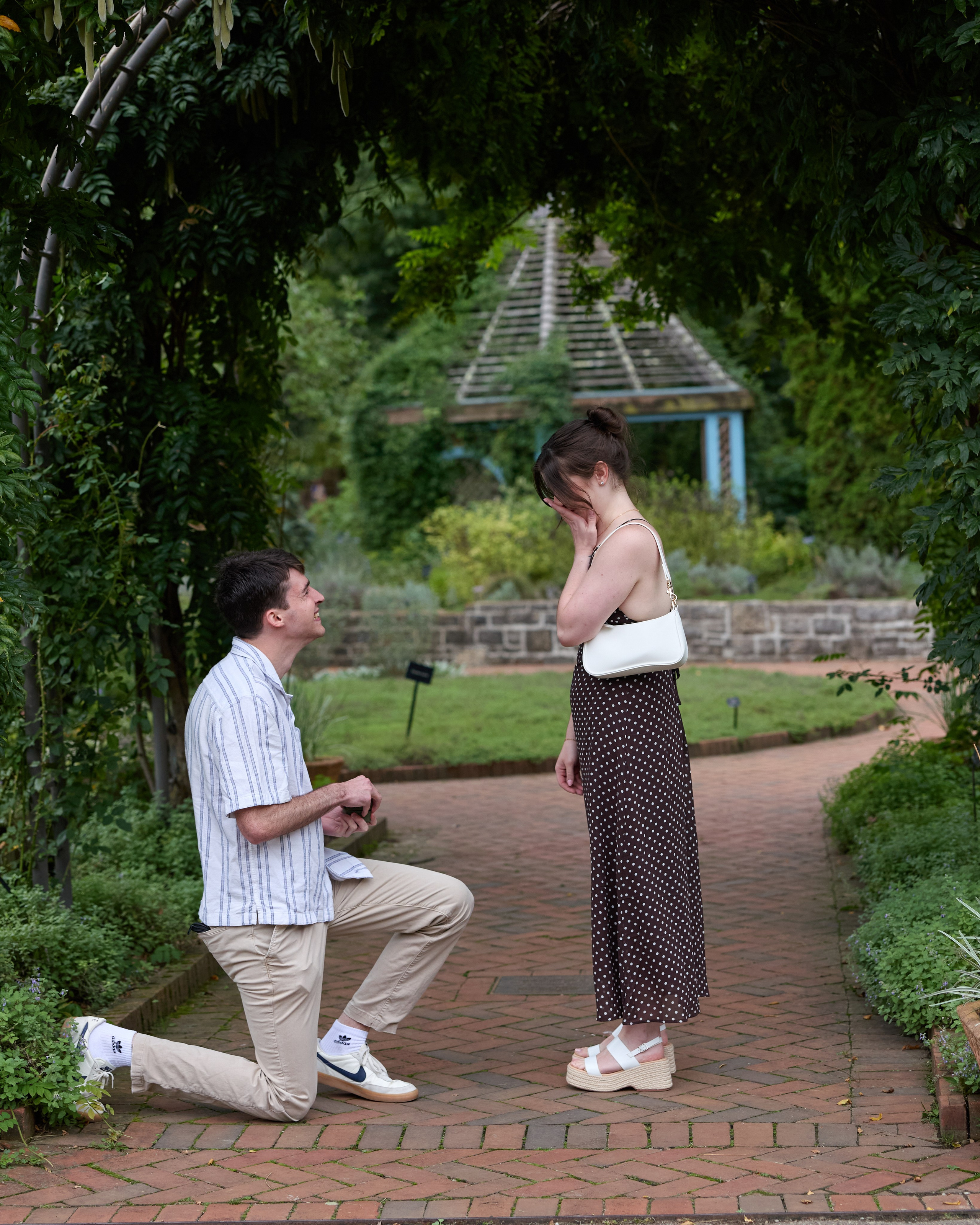 Kneeling proposal under an ivy arch with a gazebo behind at Inniswood Metro Gardens, Ohio