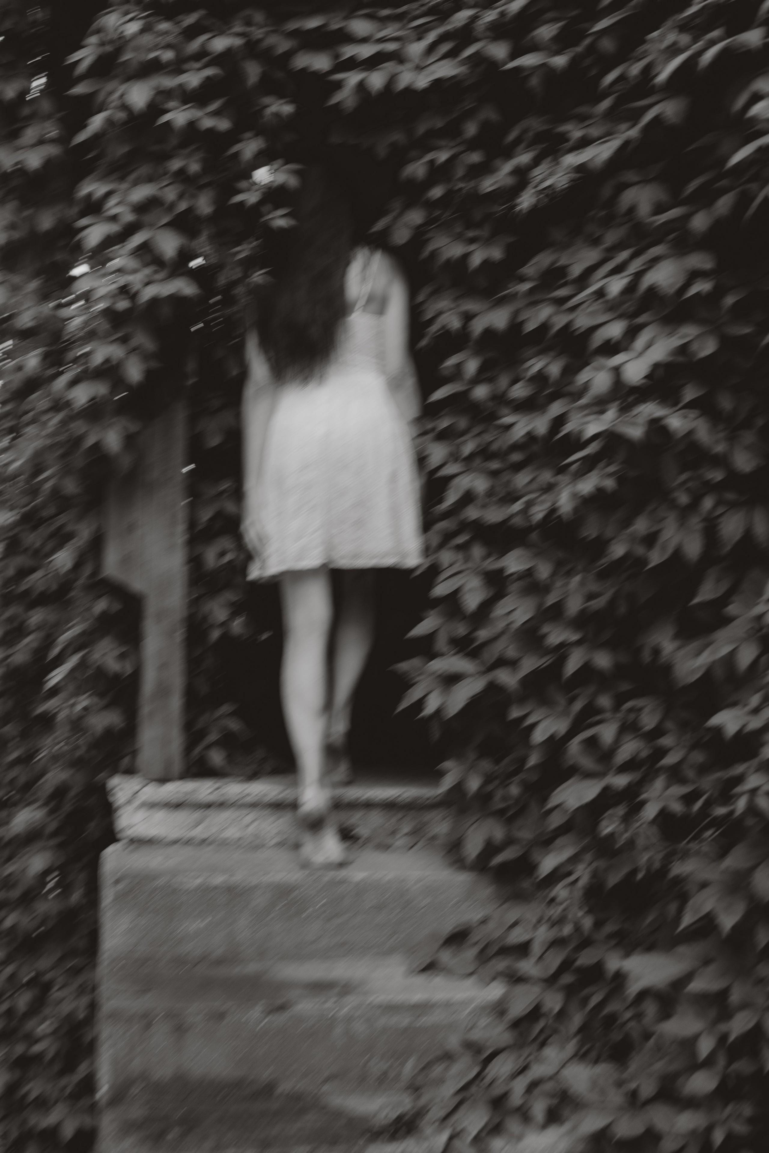 Fine art portrait of a woman standing on stone steps surrounded by ivy, Tallinn
