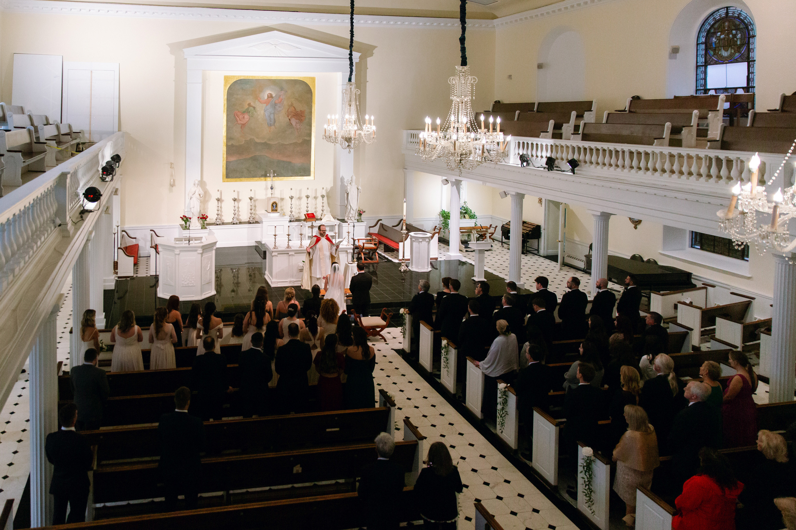 a group of people sitting in a church