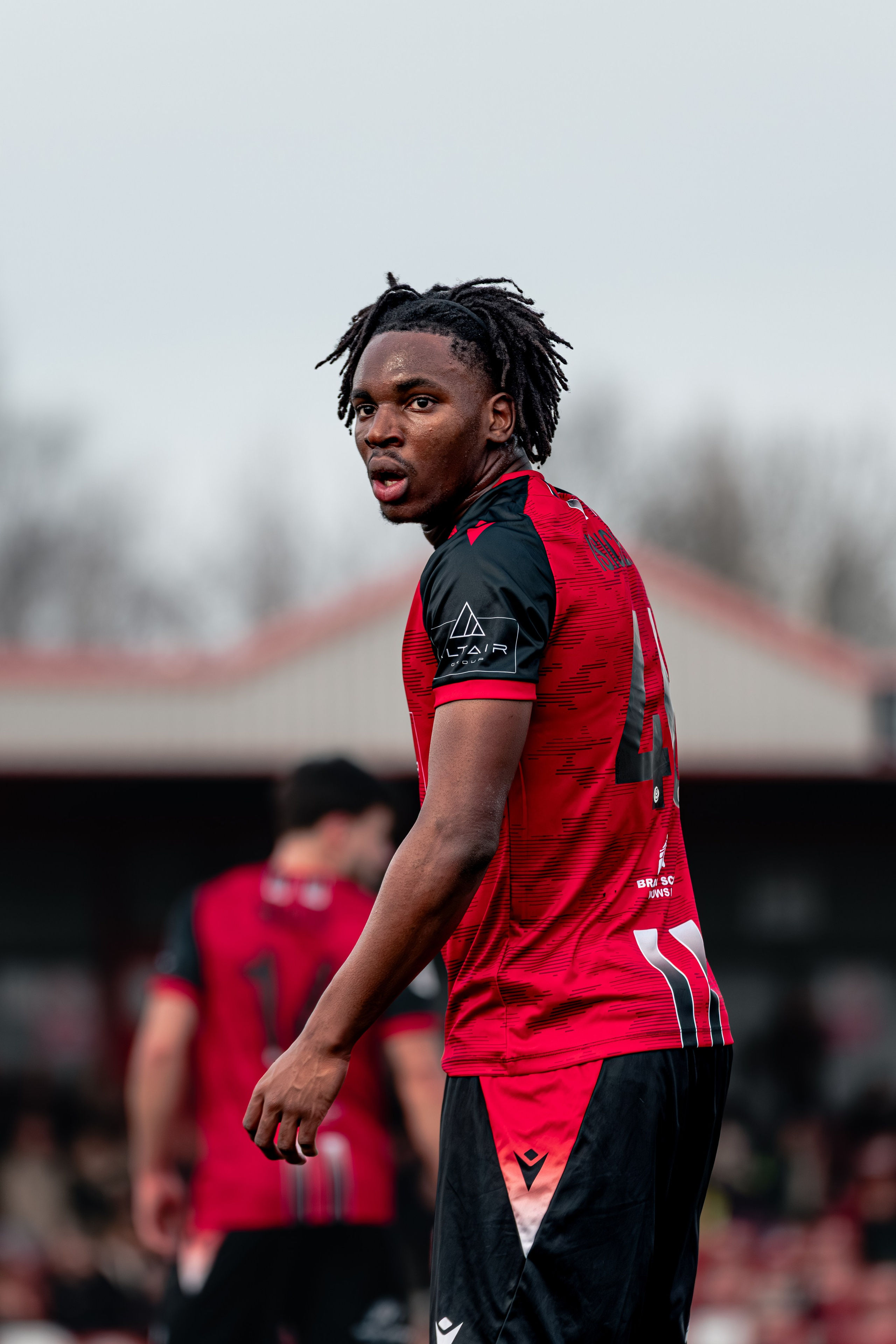 Tamworth, England — February 14, 2026: Tamworth’s Daniel Isichei looks on during the Enterprise National League match between Tamworth and Aldershot Town at The Lamb Ground. Photo: Jay Soundo