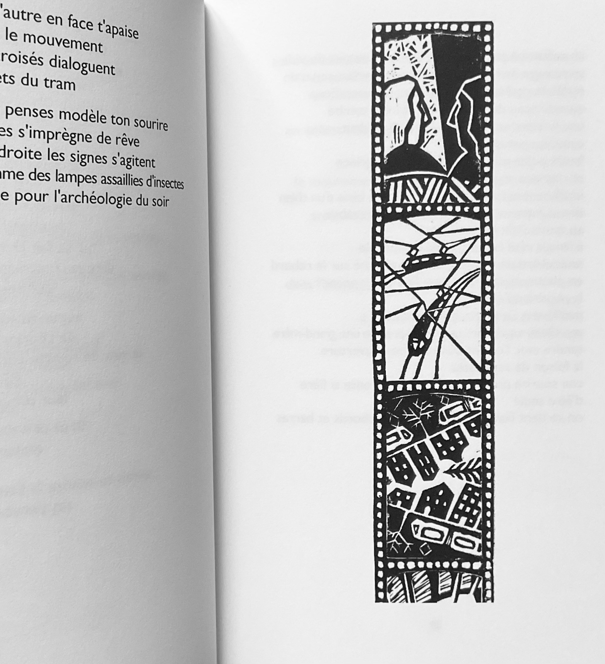 Illustrated poetry. Black and white graphic mixing linocut print, collage and ink drawing. By the Italian artist Nadia Kuprina, resident in Venice. Inspired by old film and photography. Tramway and city transport. Editions Le Coudrier.