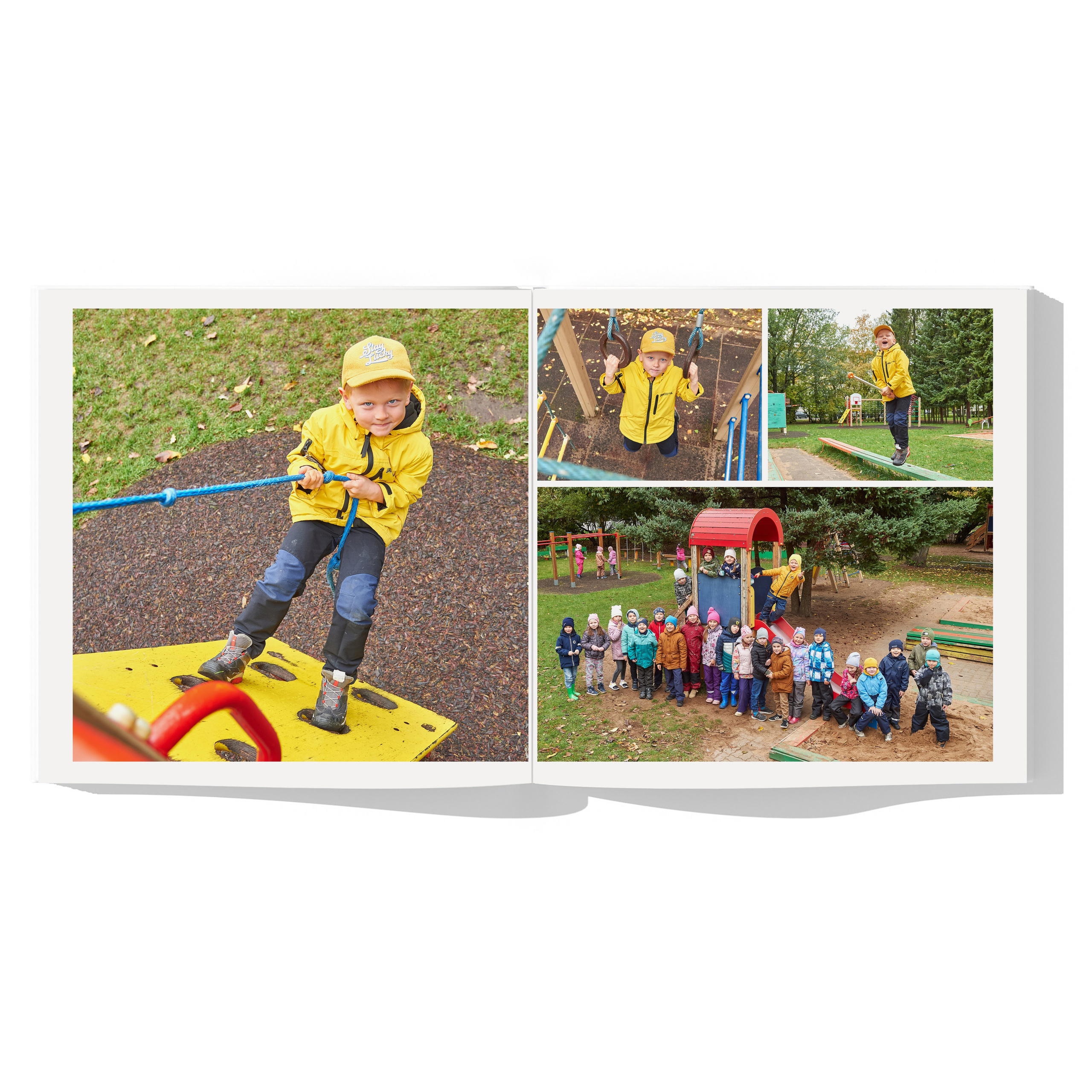 Разворот с фотографиями ребенка в уличной активности и подвижности. Фото с друзьями на детской площадке.