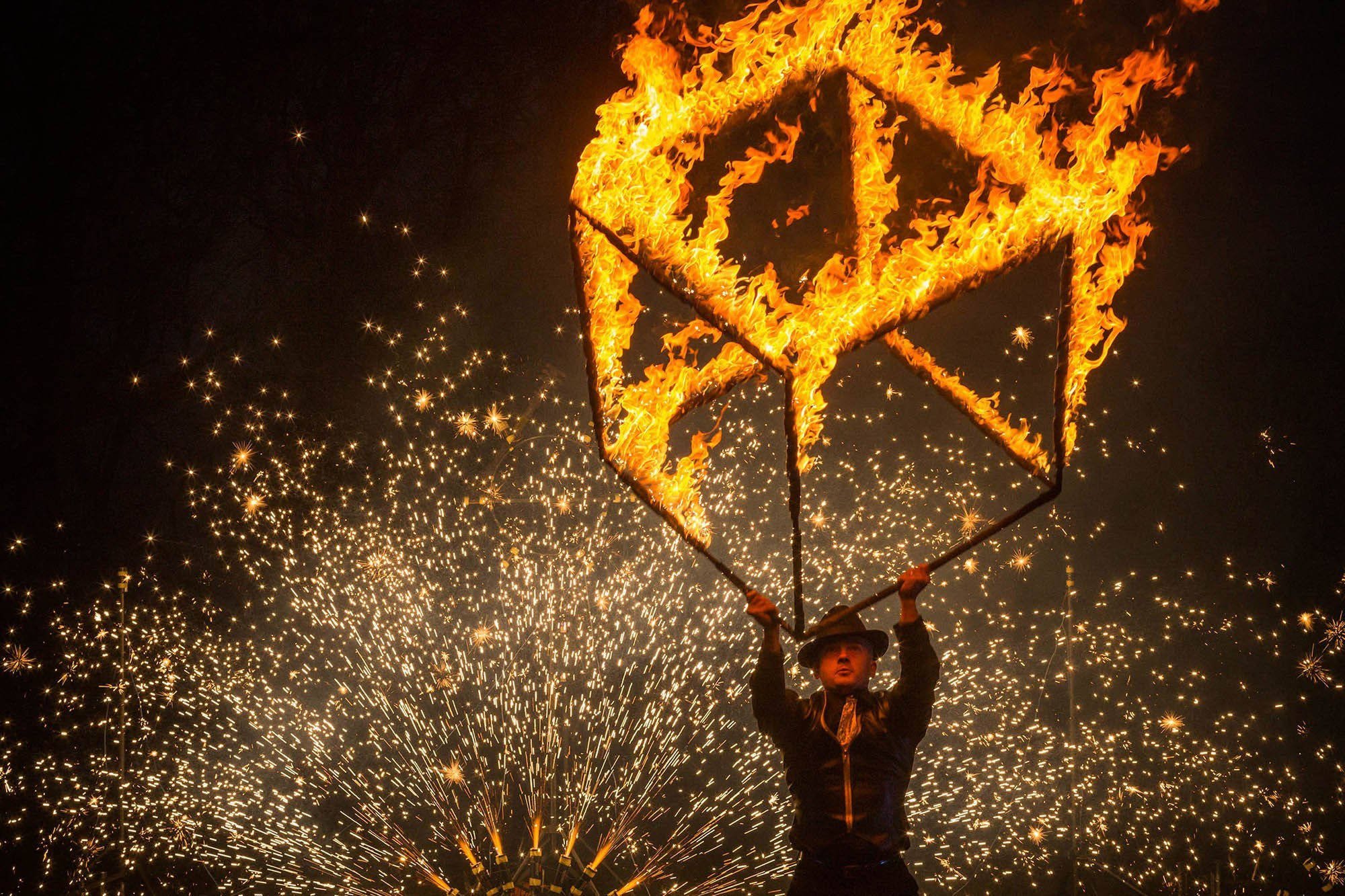 A fireshow performer at the Chateau Mcely during a private VIP event.