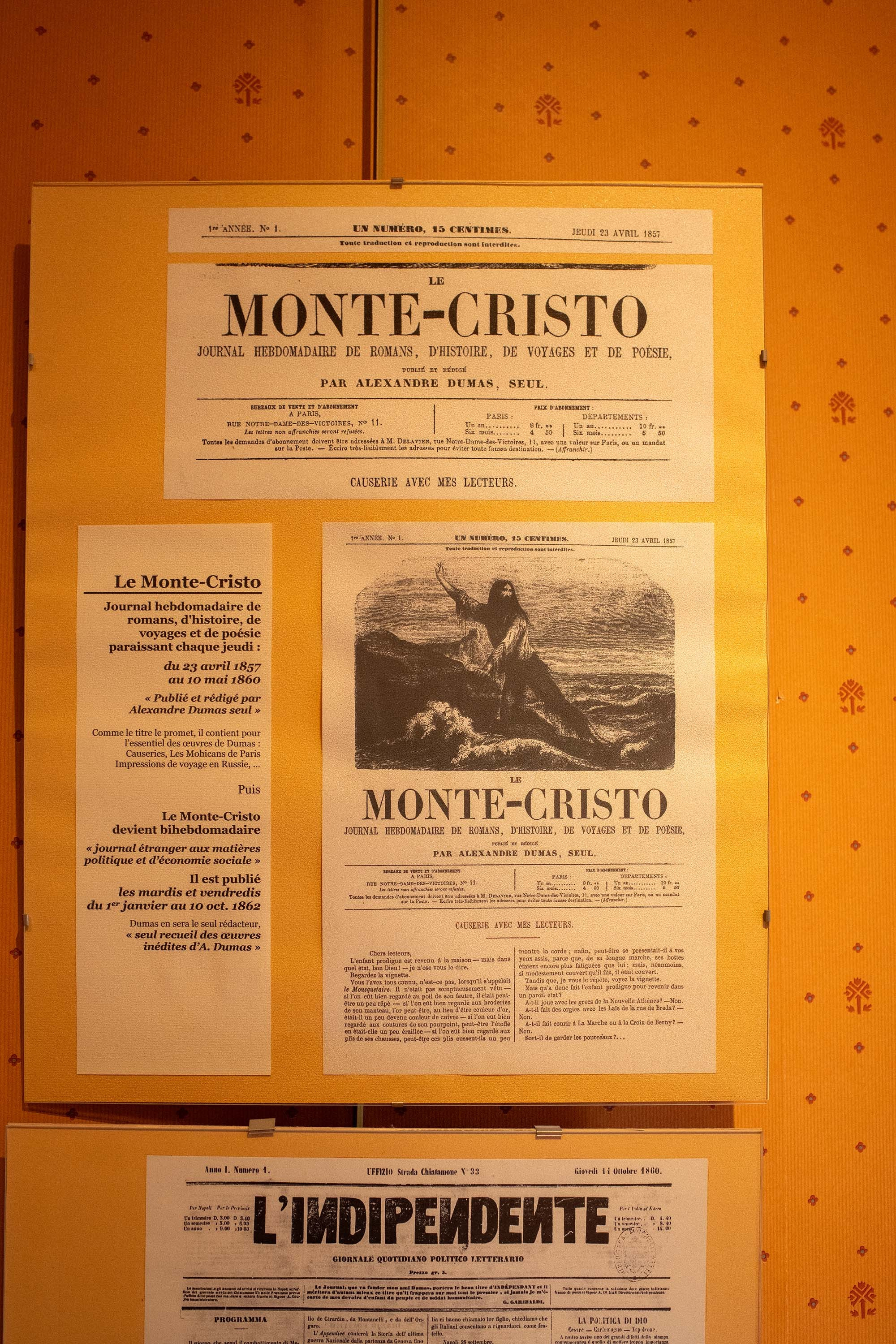 Exhibition panel with original Le Monte-Cristo newspaper front pages by Alexandre Dumas at Château de Monte-Cristo museum