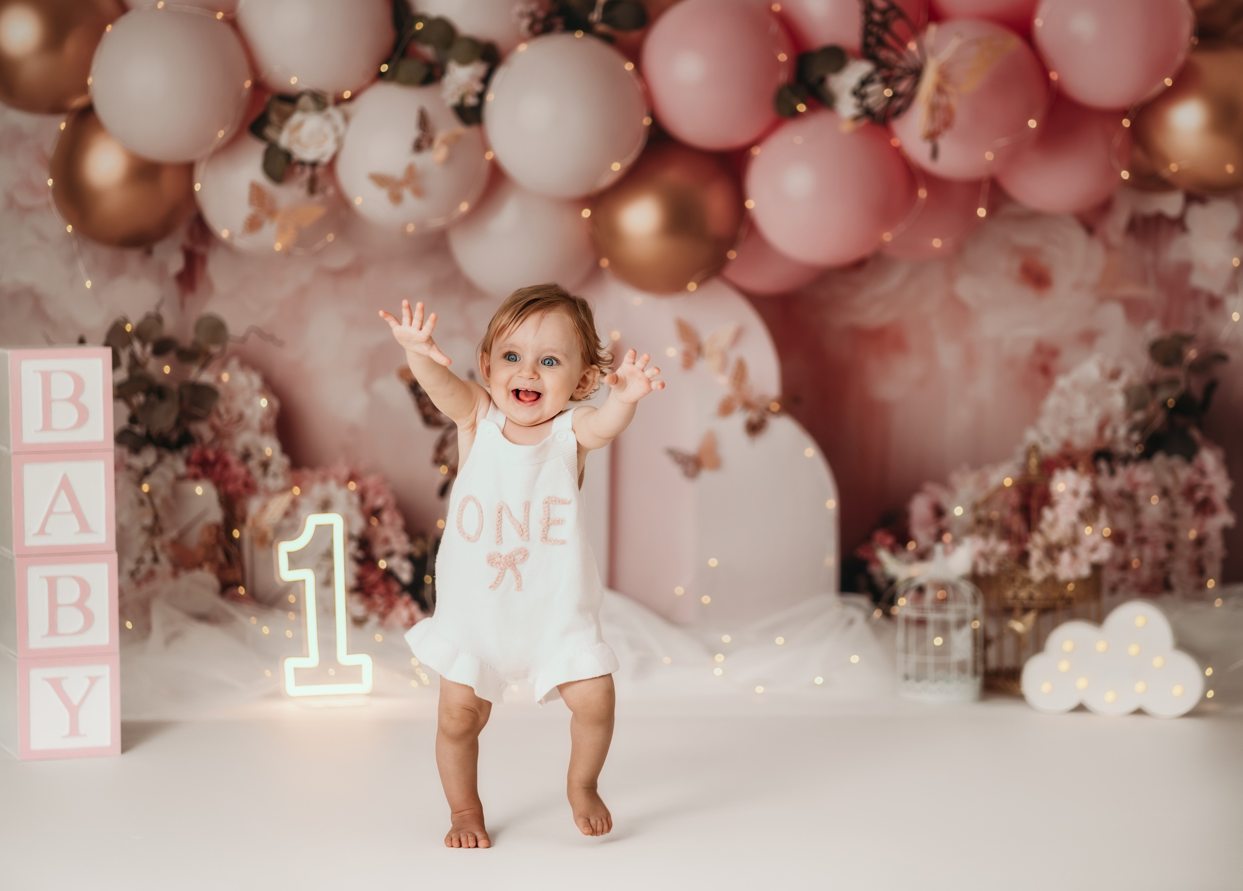 Prvi rođendan fotografisanje u roze dekoraciji sa leptirima i cvećem