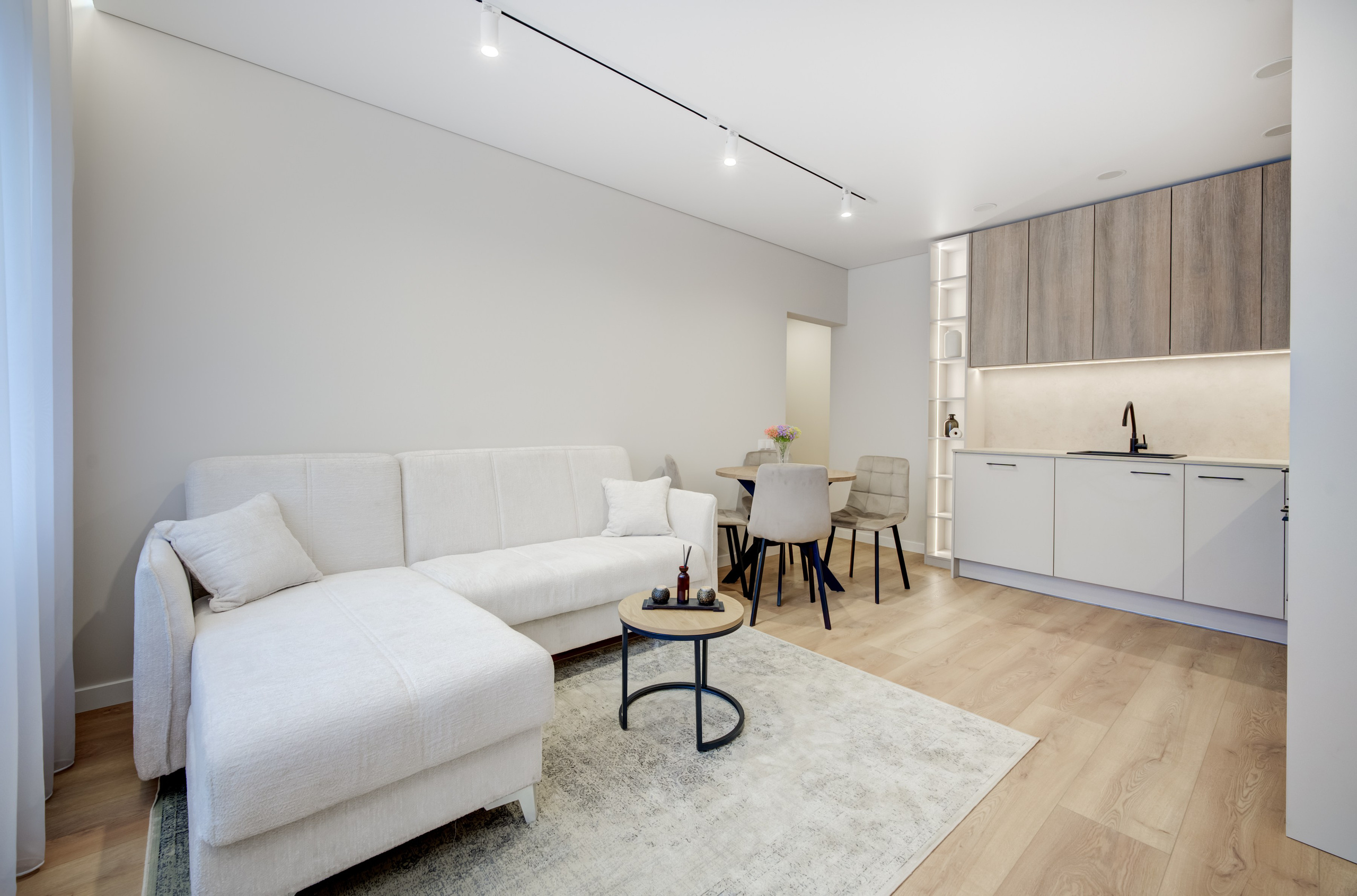 Svetainė su sofa ir kavos staliuku Taikos g. 69, Vilnius