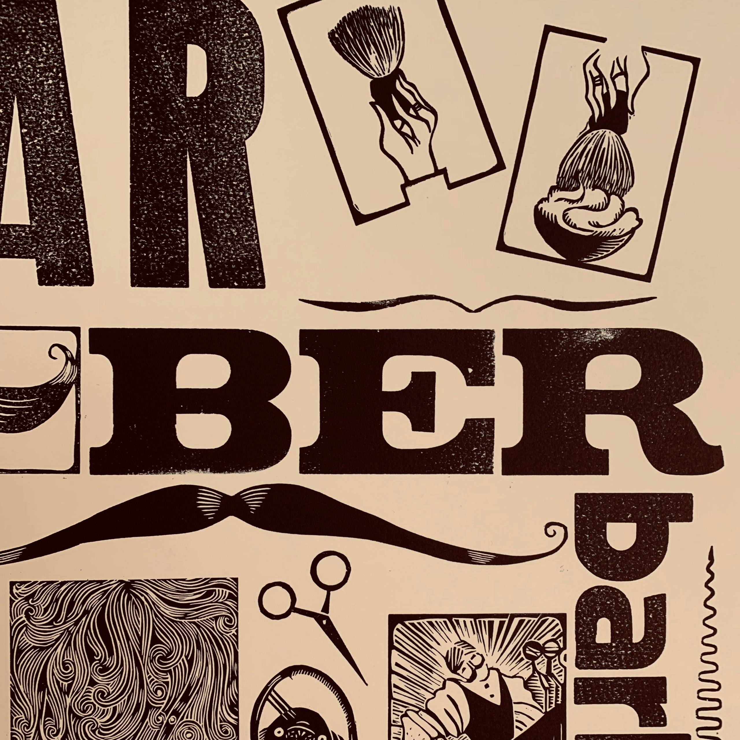 Barber print linocut printmaker antique printmaker barber print sous-sol editions limitededition artprint barberprint barber Rossini Figaro art print detail